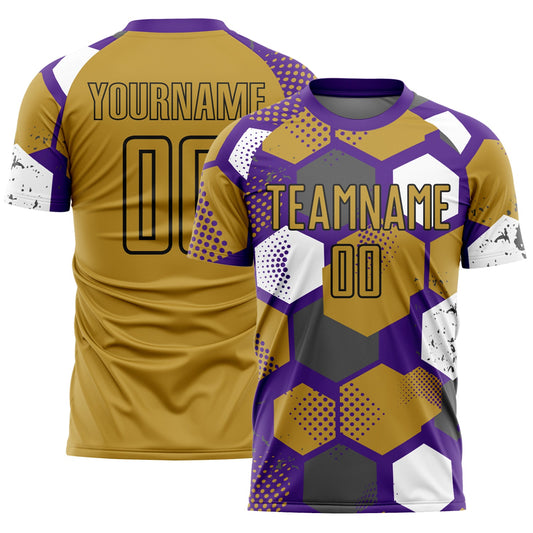 Custom Purple Old Gold White-Black Geometric Shape Sublimation Soccer Uniform Jersey - Main View