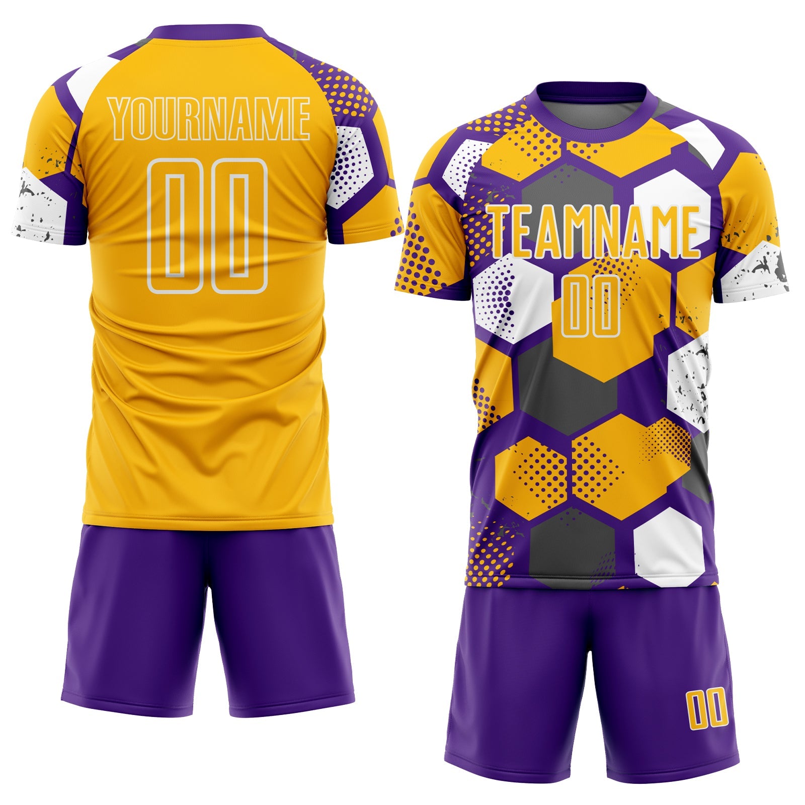 Custom Purple Gold-White Geometric Shape Sublimation Soccer Uniform Jersey view 2