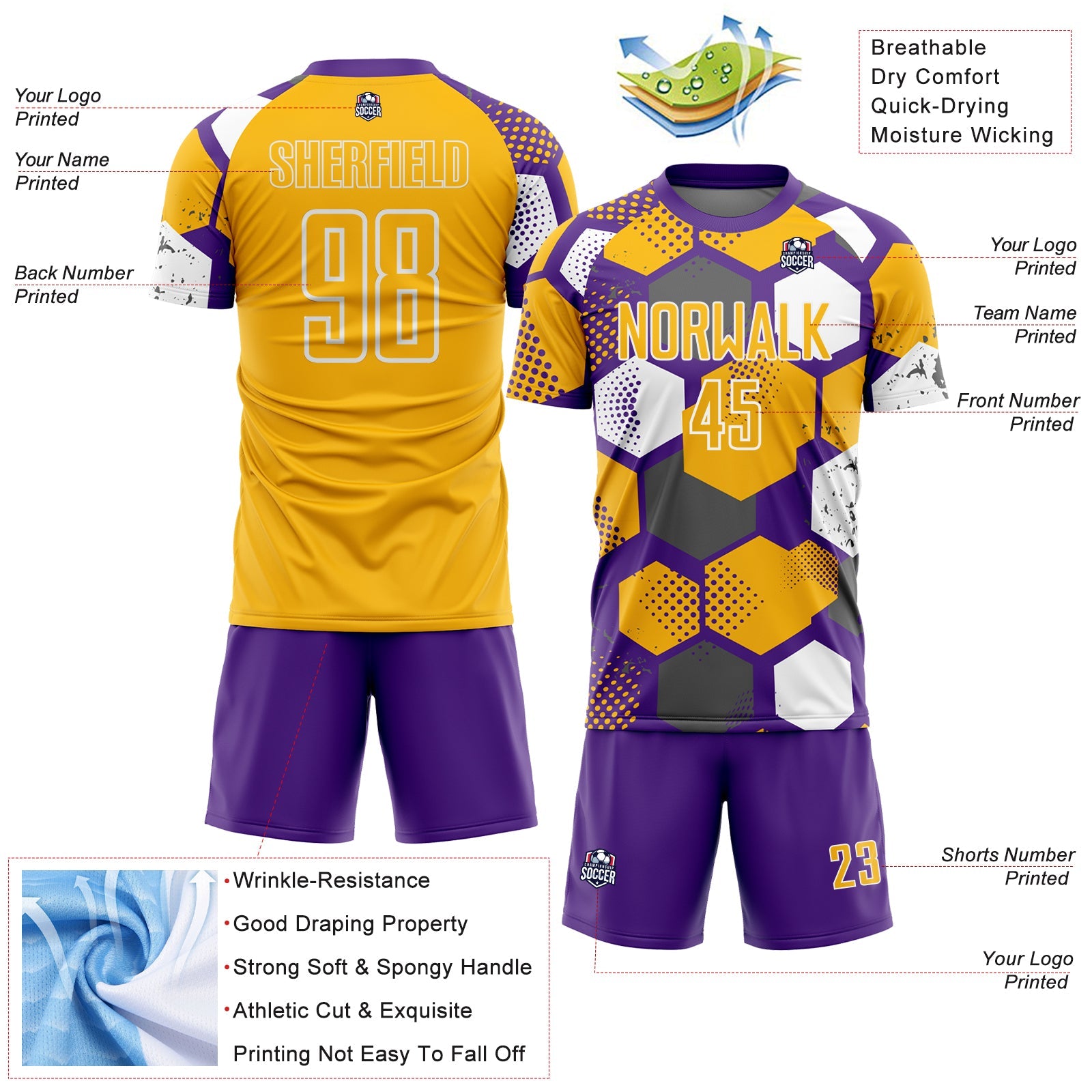 Custom Purple Gold-White Geometric Shape Sublimation Soccer Uniform Jersey view 4