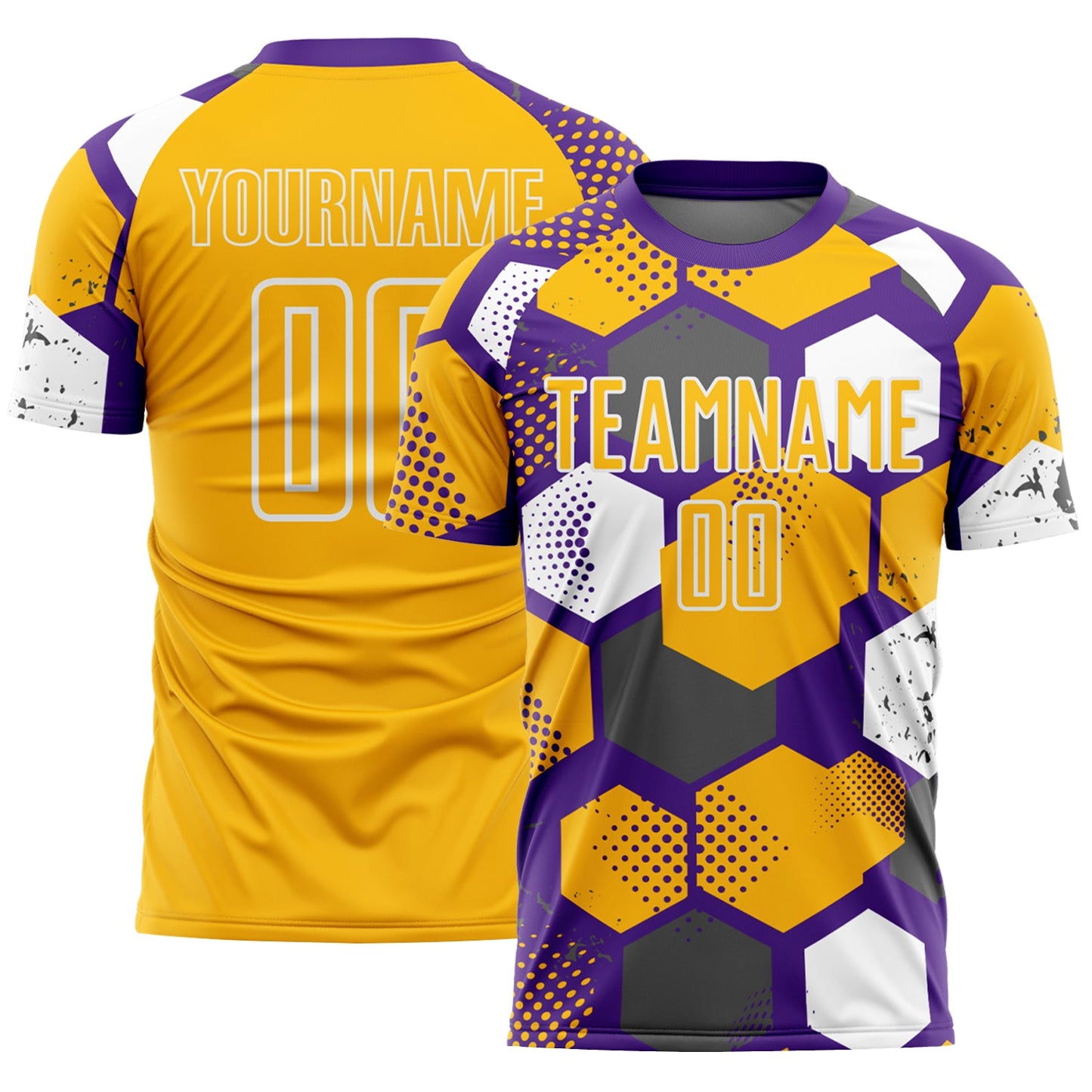 Custom Purple Gold-White Geometric Shape Sublimation Soccer Uniform Jersey - Main View