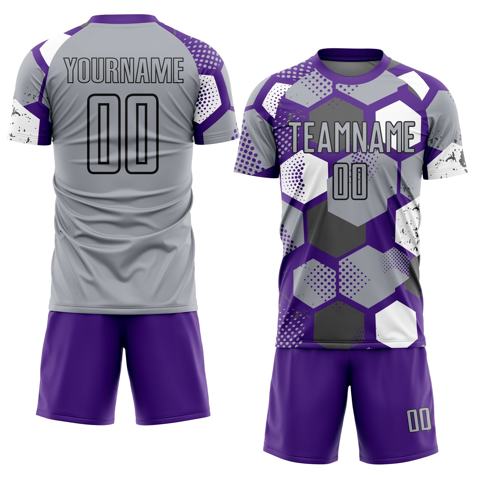 Custom Purple Gray White-Black Geometric Shape Sublimation Soccer Uniform Jersey view 2
