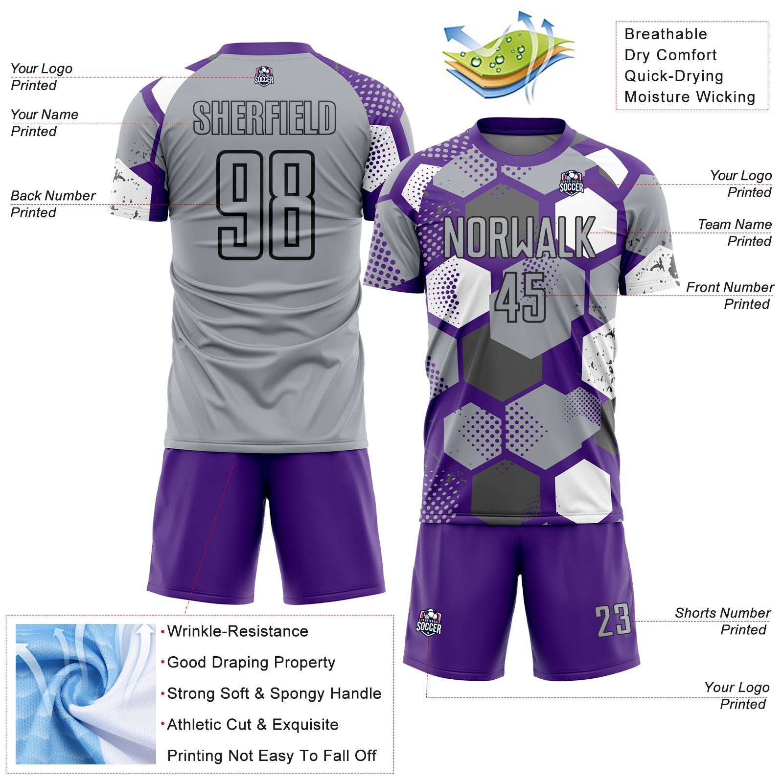 Custom Purple Gray White-Black Geometric Shape Sublimation Soccer Uniform Jersey view 4