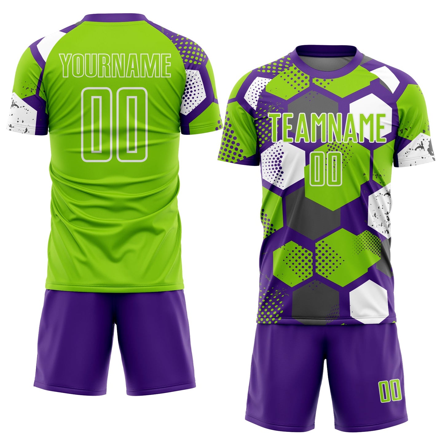 Custom Purple Neon Green-White Geometric Shape Sublimation Soccer Uniform Jersey view 2