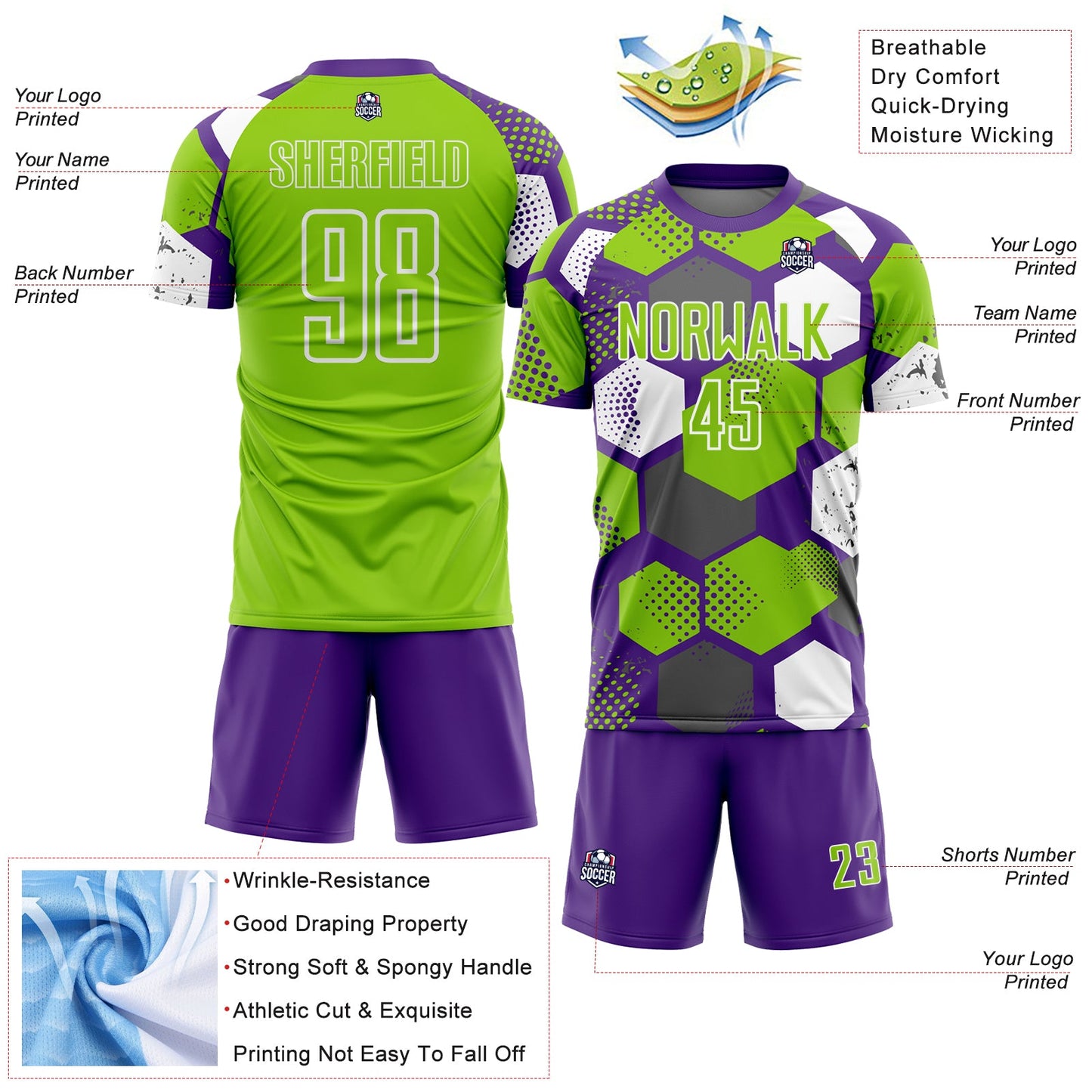 Custom Purple Neon Green-White Geometric Shape Sublimation Soccer Uniform Jersey view 4
