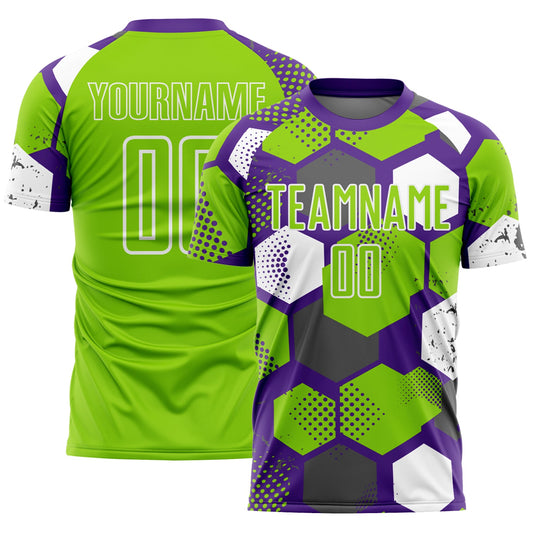 Custom Purple Neon Green-White Geometric Shape Sublimation Soccer Uniform Jersey - Main View
