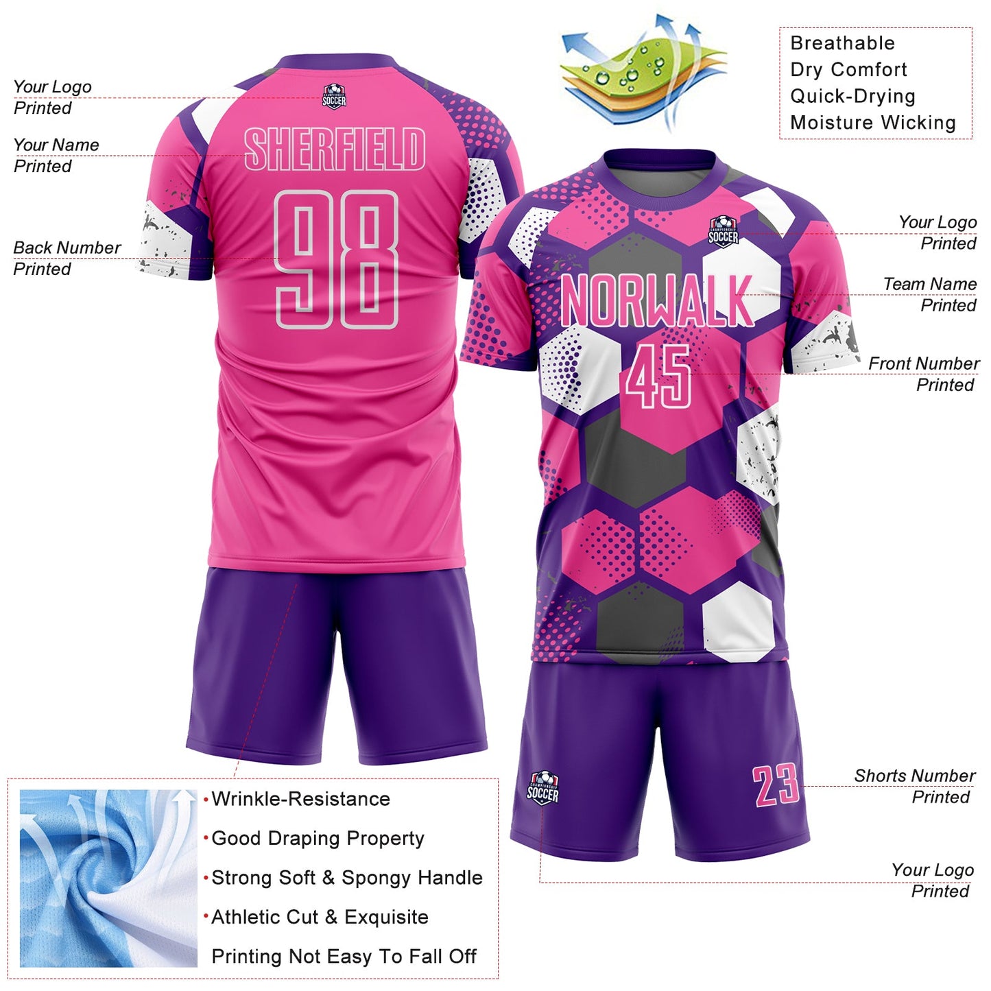 Custom Purple Pink-White Geometric Shape Sublimation Soccer Uniform Jersey view 4