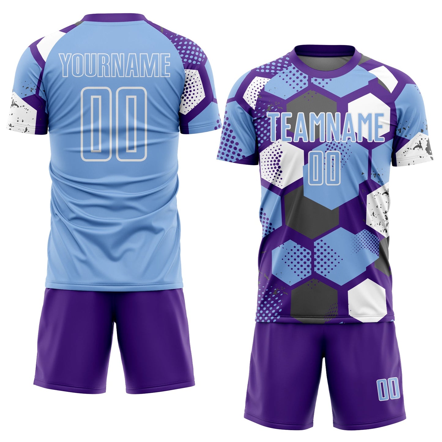 Custom Purple Light Blue-White Geometric Shape Sublimation Soccer Uniform Jersey view 2