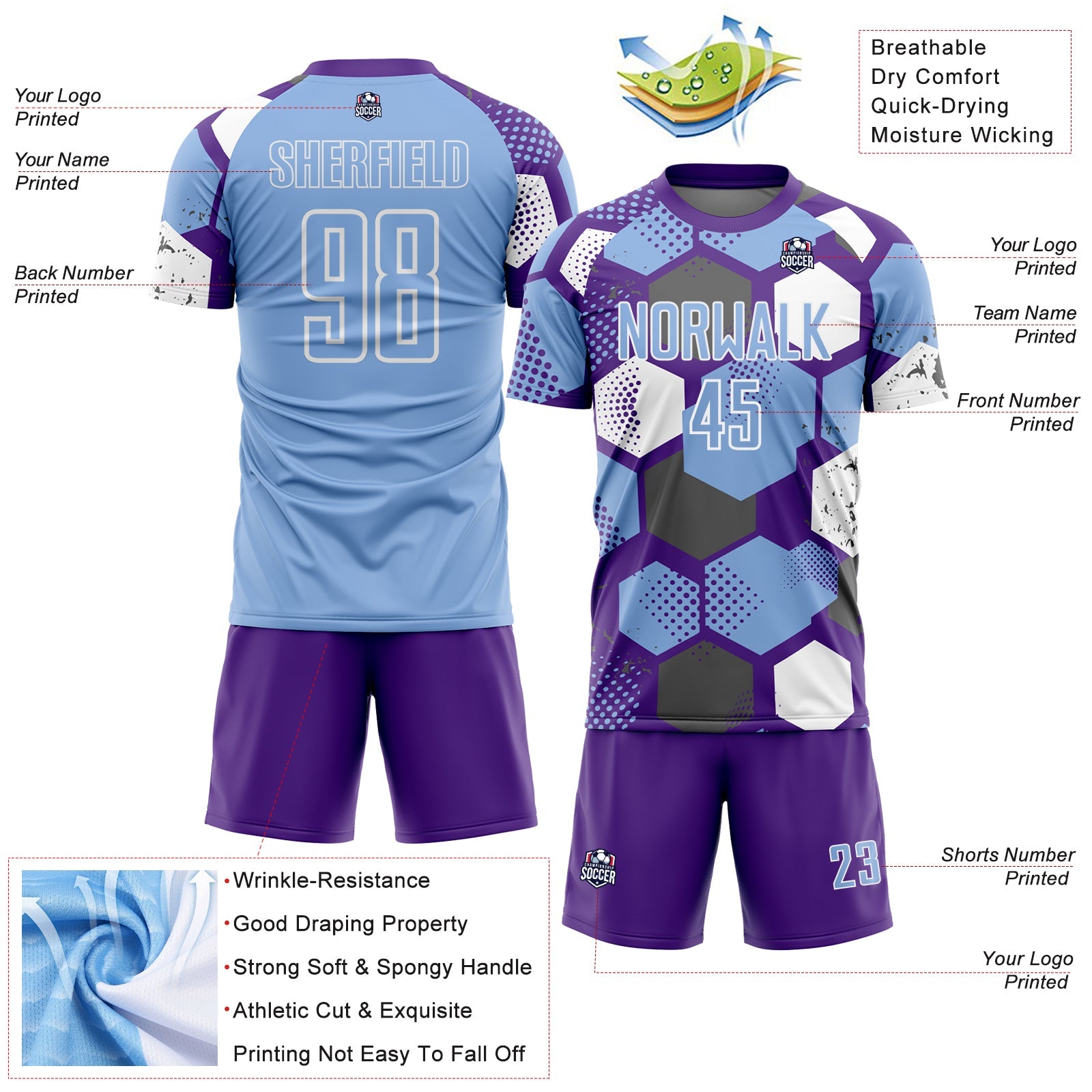 Custom Purple Light Blue-White Geometric Shape Sublimation Soccer Uniform Jersey view 4
