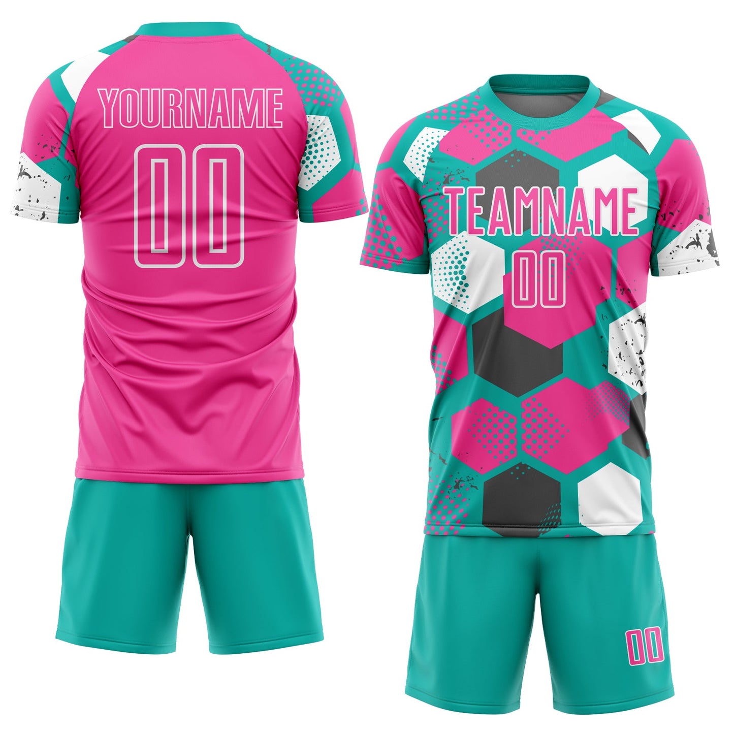 Custom Aqua Pink-White Geometric Shape Sublimation Soccer Uniform Jersey view 2