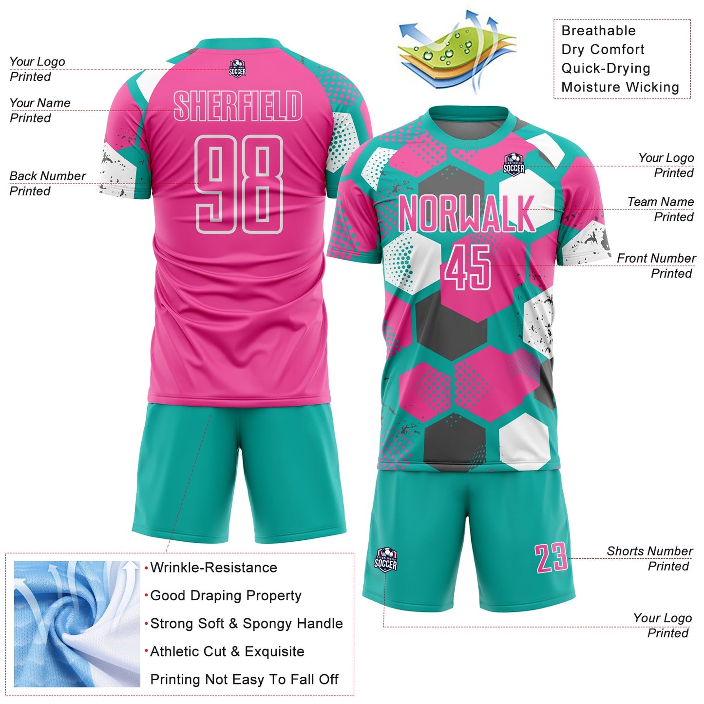 Custom Aqua Pink-White Geometric Shape Sublimation Soccer Uniform Jersey view 4