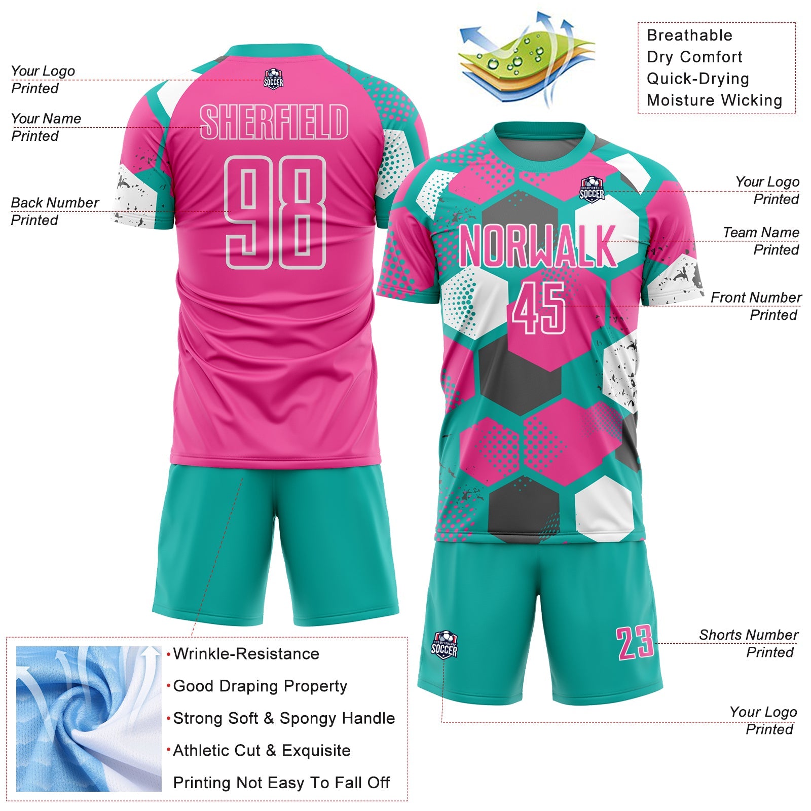 Custom Aqua Pink-White Geometric Shape Sublimation Soccer Uniform Jersey view 4