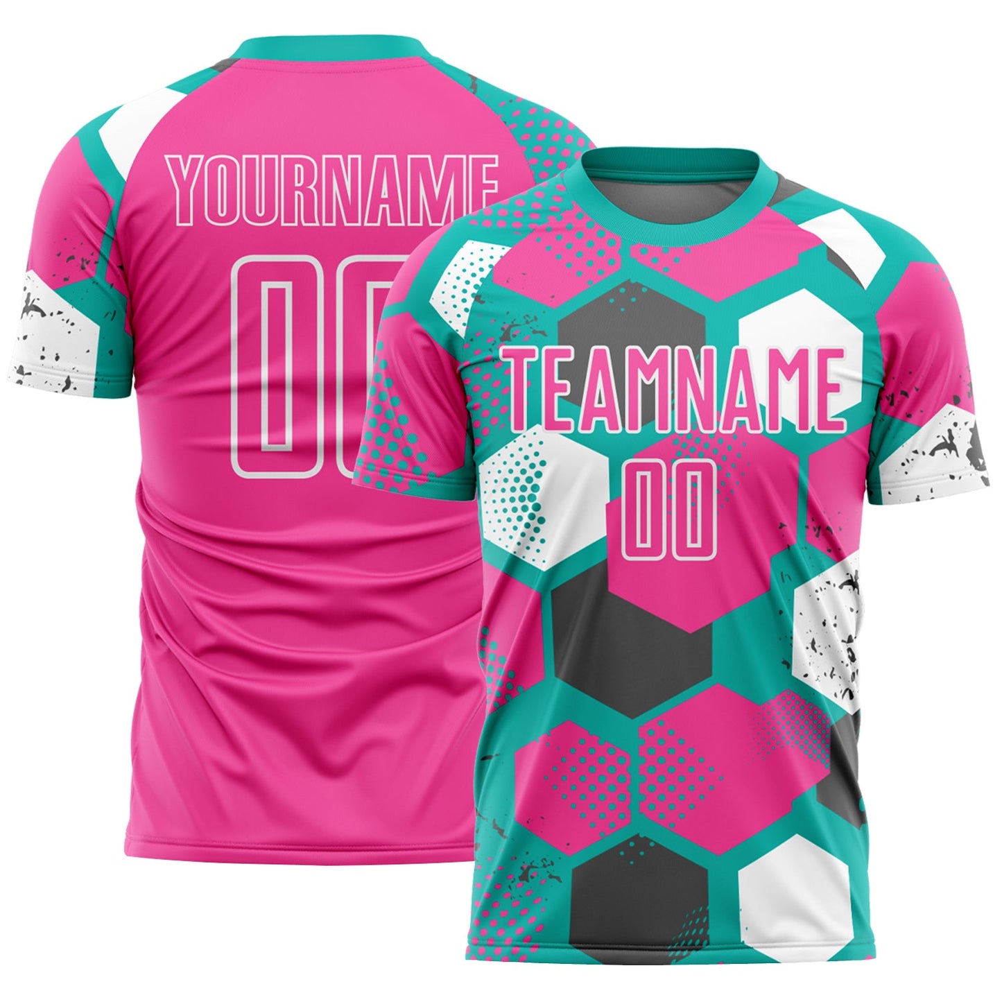 Custom Aqua Pink-White Geometric Shape Sublimation Soccer Uniform Jersey - Main View