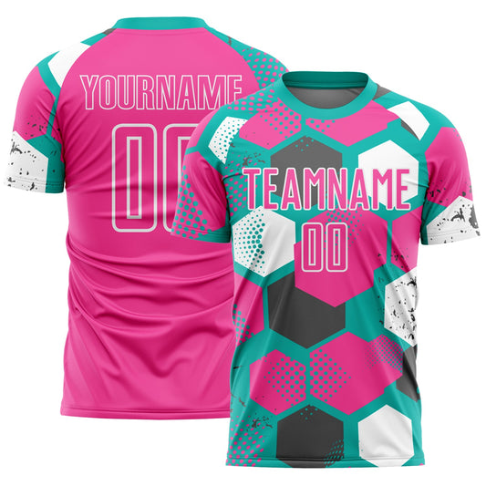 Custom Aqua Pink-White Geometric Shape Sublimation Soccer Uniform Jersey - Main View