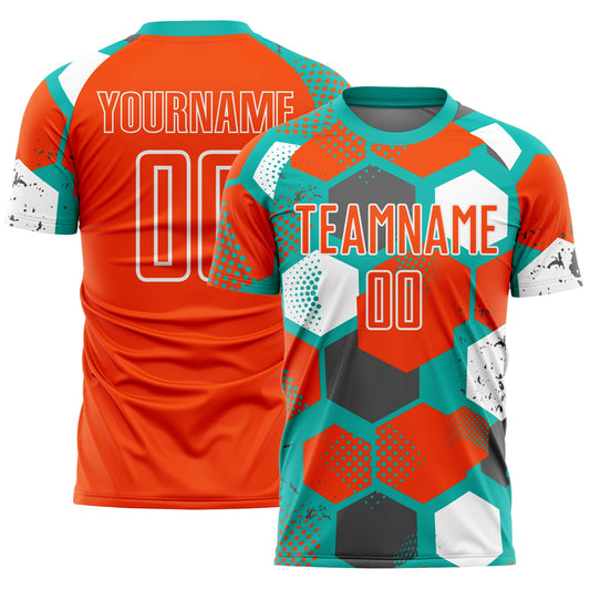 Custom Aqua Orange-White Geometric Shape Sublimation Soccer Uniform Jersey - Main View