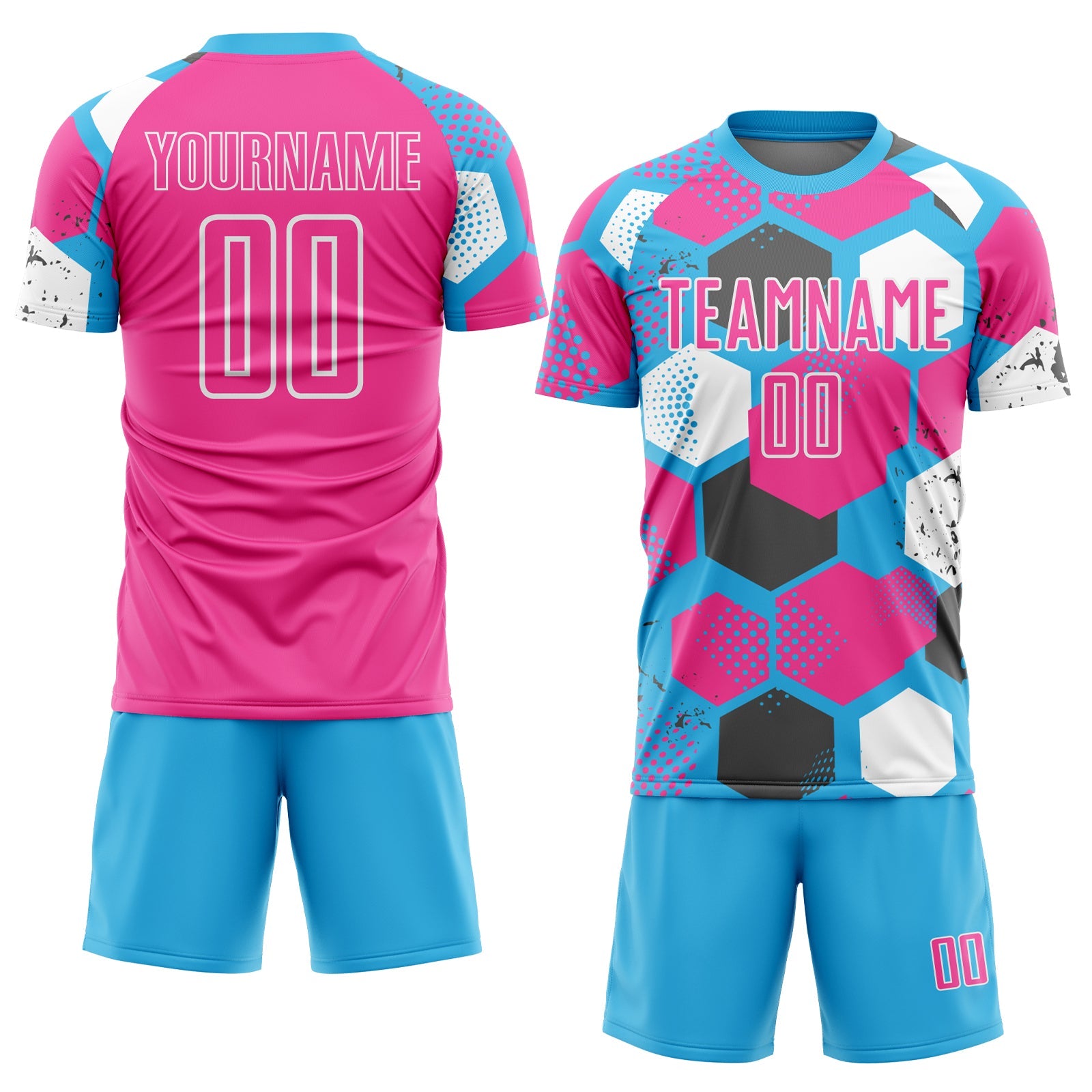 Custom Sky Blue Pink-White Geometric Shape Sublimation Soccer Uniform Jersey view 2