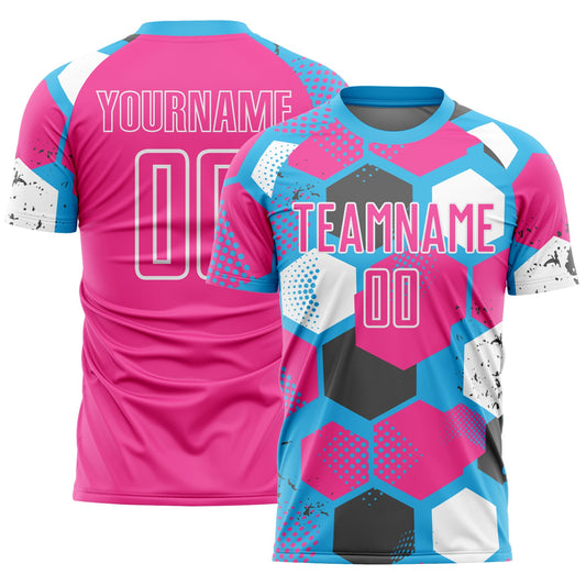 Custom Sky Blue Pink-White Geometric Shape Sublimation Soccer Uniform Jersey - Main View