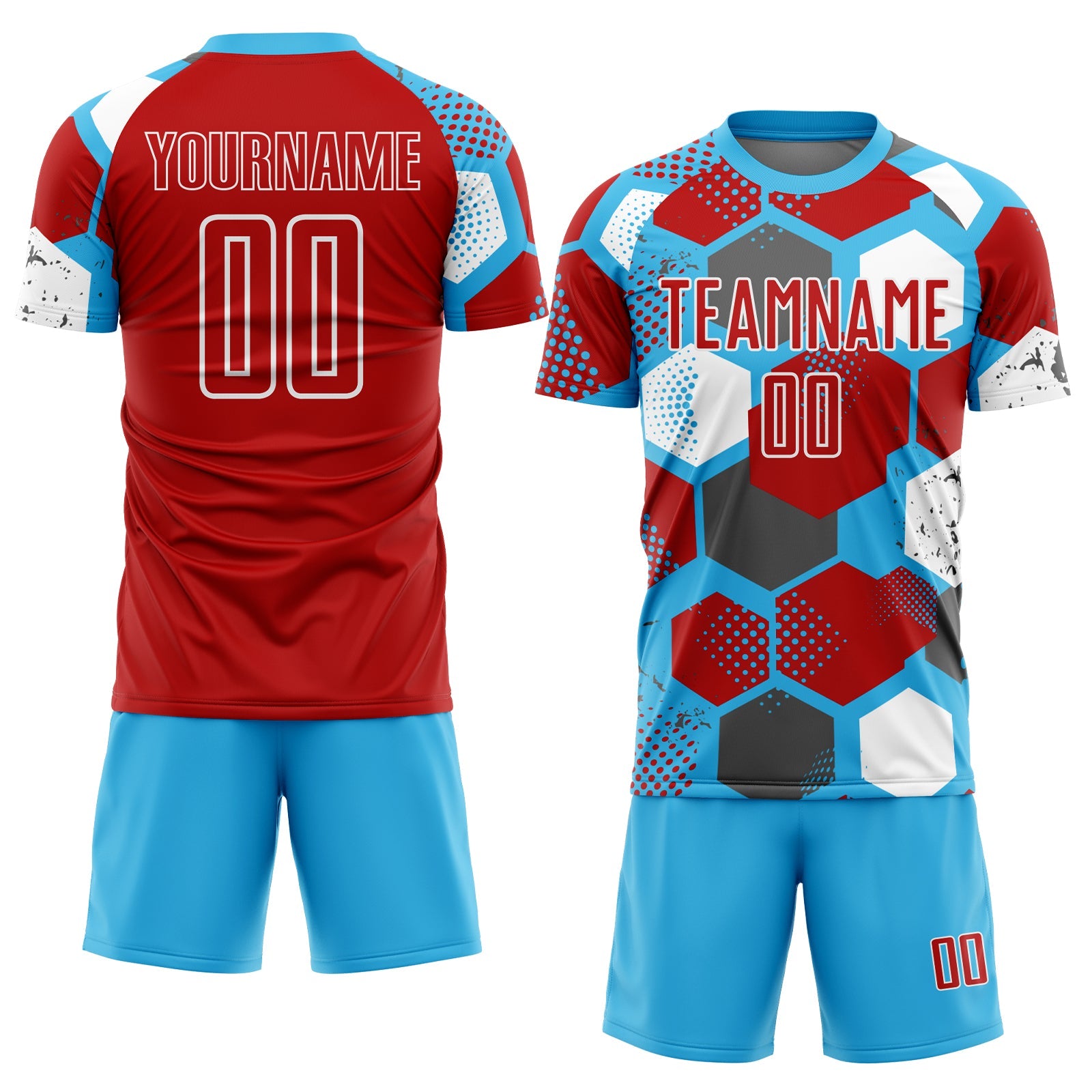 Custom Sky Blue Red-White Geometric Shape Sublimation Soccer Uniform Jersey view 2
