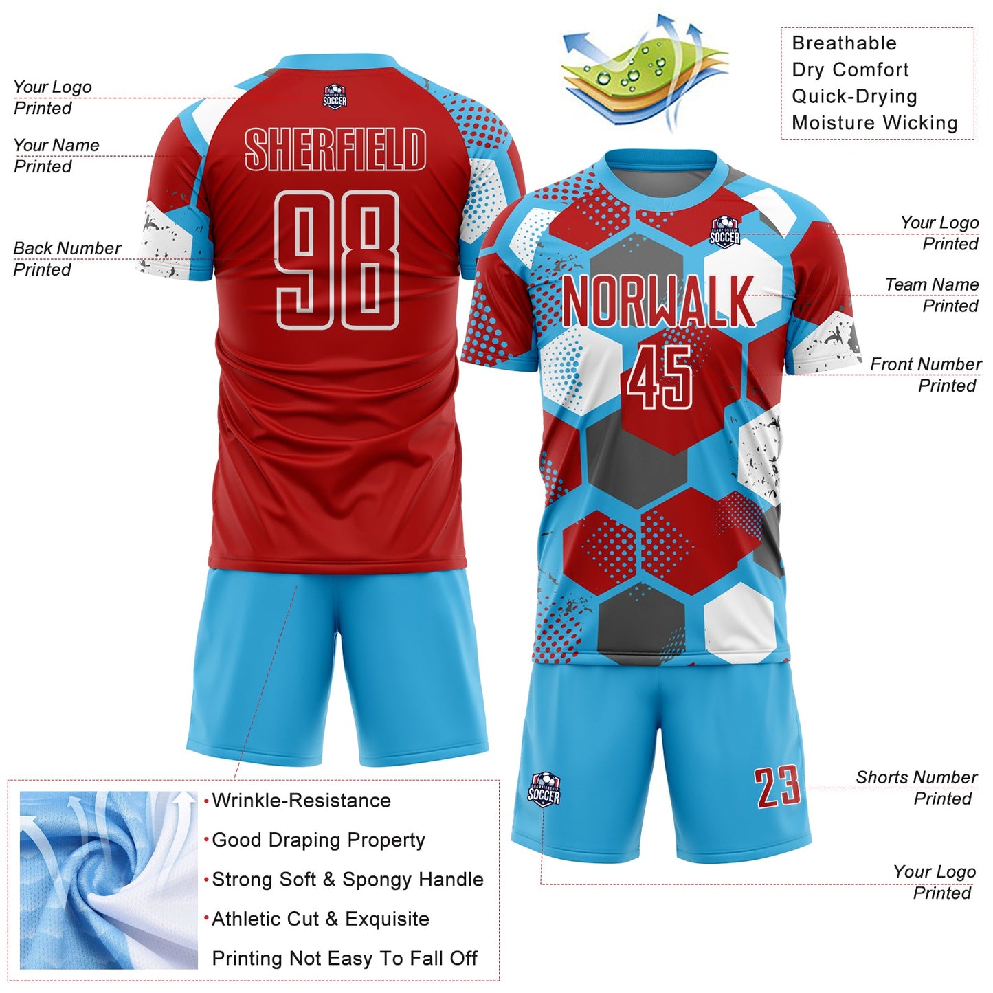 Custom Sky Blue Red-White Geometric Shape Sublimation Soccer Uniform Jersey view 4