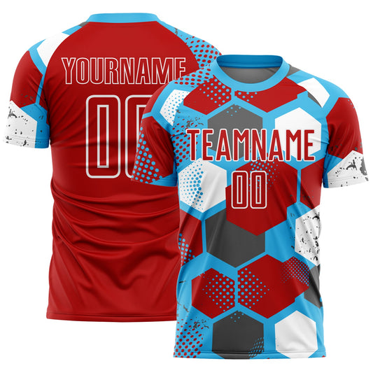 Custom Sky Blue Red-White Geometric Shape Sublimation Soccer Uniform Jersey - Main View