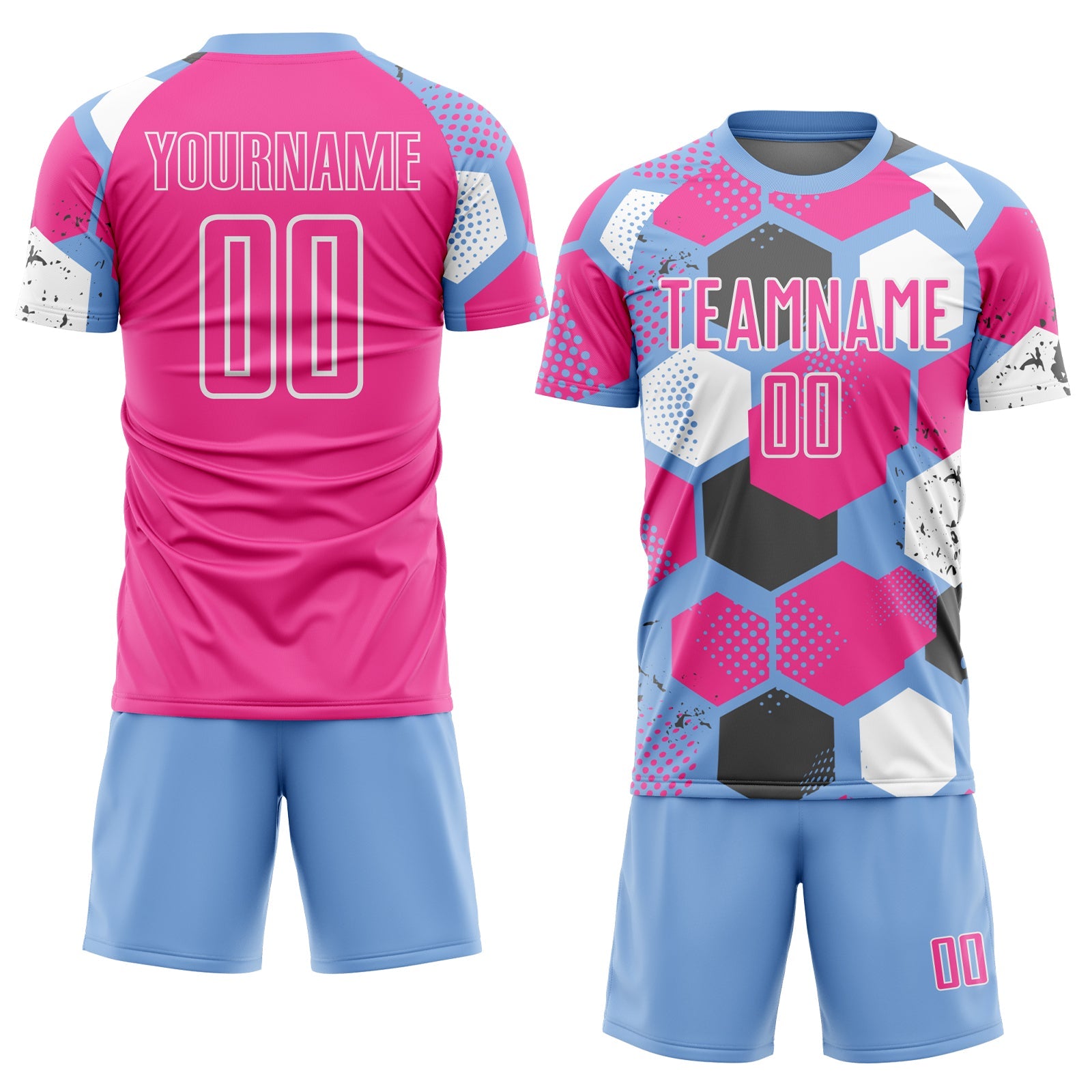 Custom Light Blue Pink-White Geometric Shape Sublimation Soccer Uniform Jersey view 2