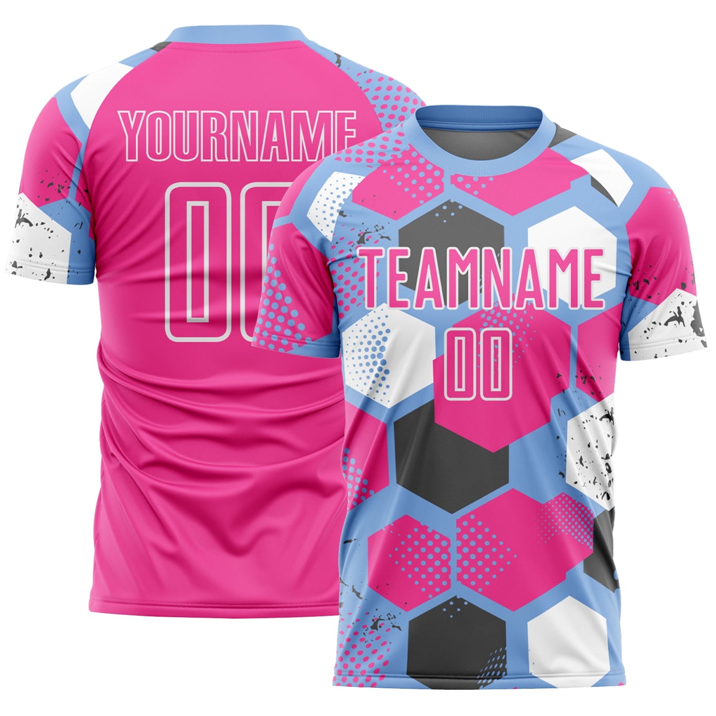 Custom Light Blue Pink-White Geometric Shape Sublimation Soccer Uniform Jersey - Main View
