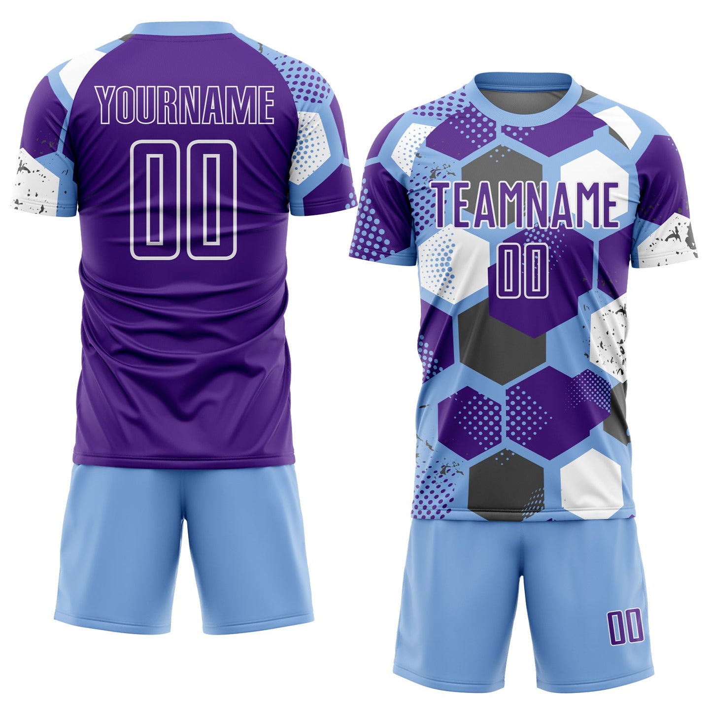 Custom Light Blue Purple-White Geometric Shape Sublimation Soccer Uniform Jersey view 2