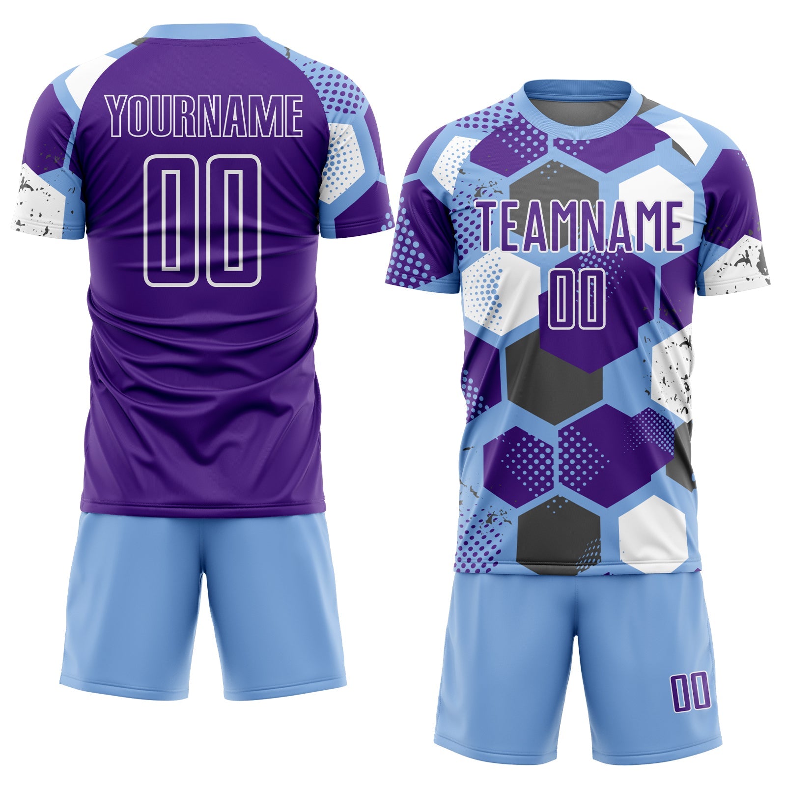 Custom Light Blue Purple-White Geometric Shape Sublimation Soccer Uniform Jersey view 2