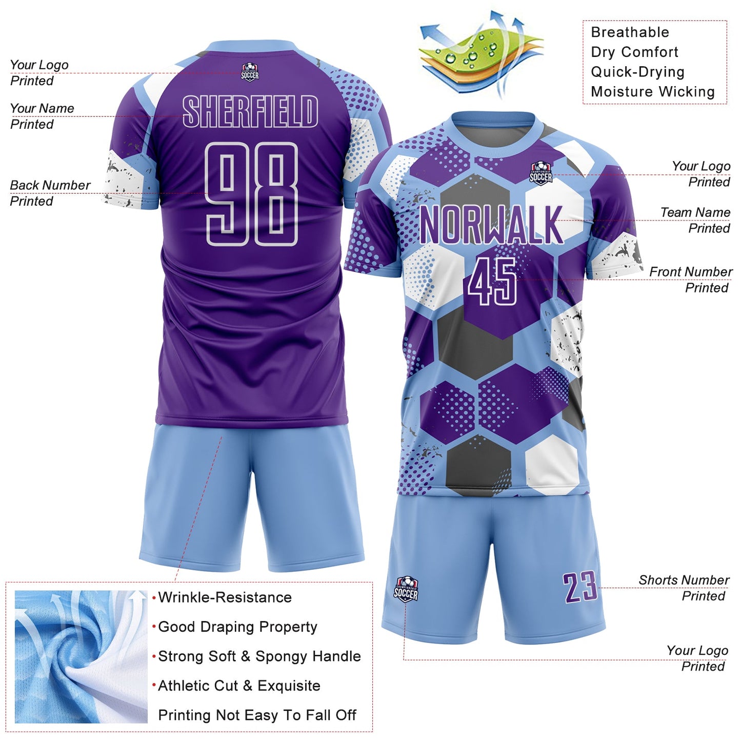 Custom Light Blue Purple-White Geometric Shape Sublimation Soccer Uniform Jersey view 4