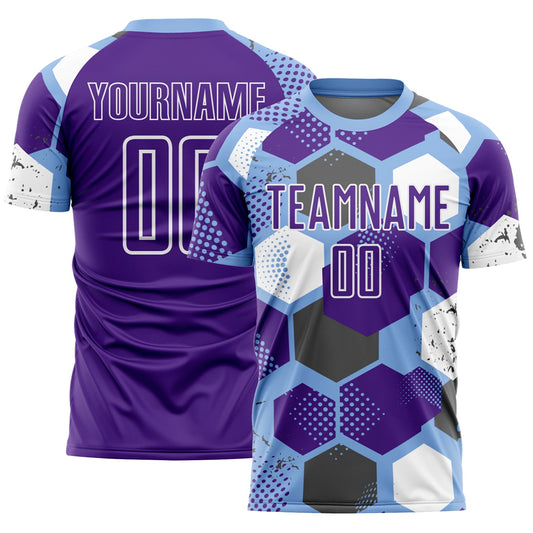 Custom Light Blue Purple-White Geometric Shape Sublimation Soccer Uniform Jersey - Main View