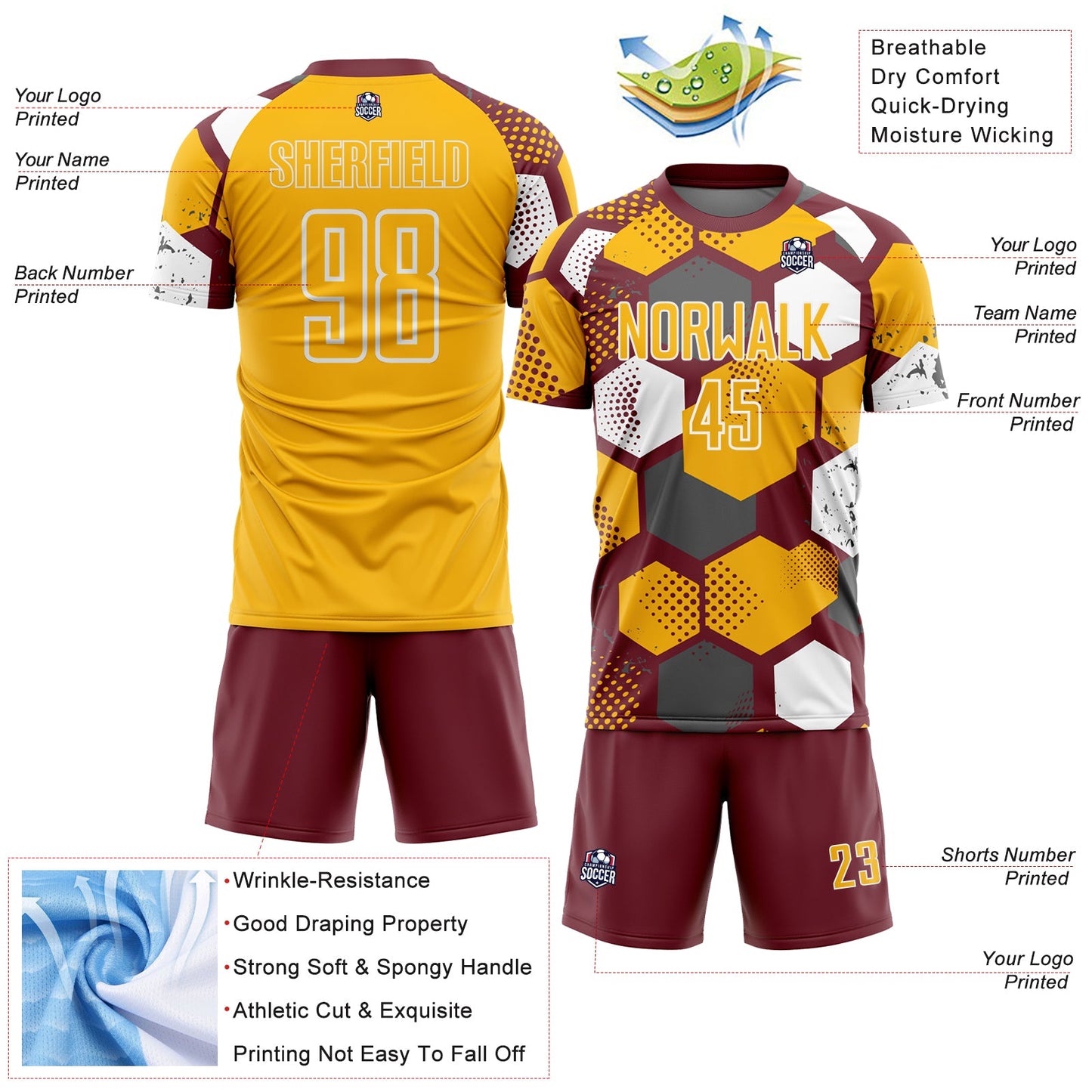 Custom Burgundy Gold-White Geometric Shape Sublimation Soccer Uniform Jersey view 4