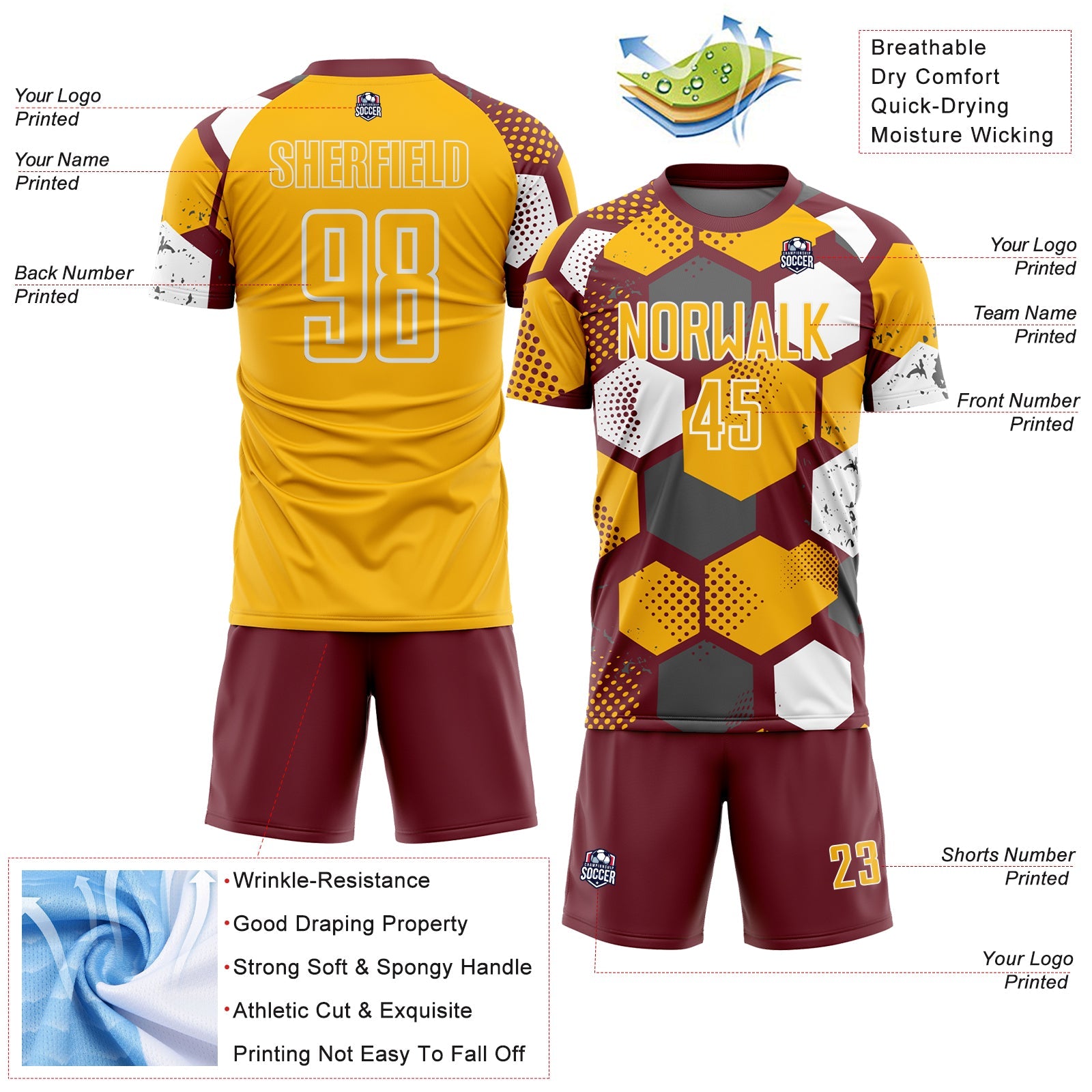 Custom Burgundy Gold-White Geometric Shape Sublimation Soccer Uniform Jersey view 4