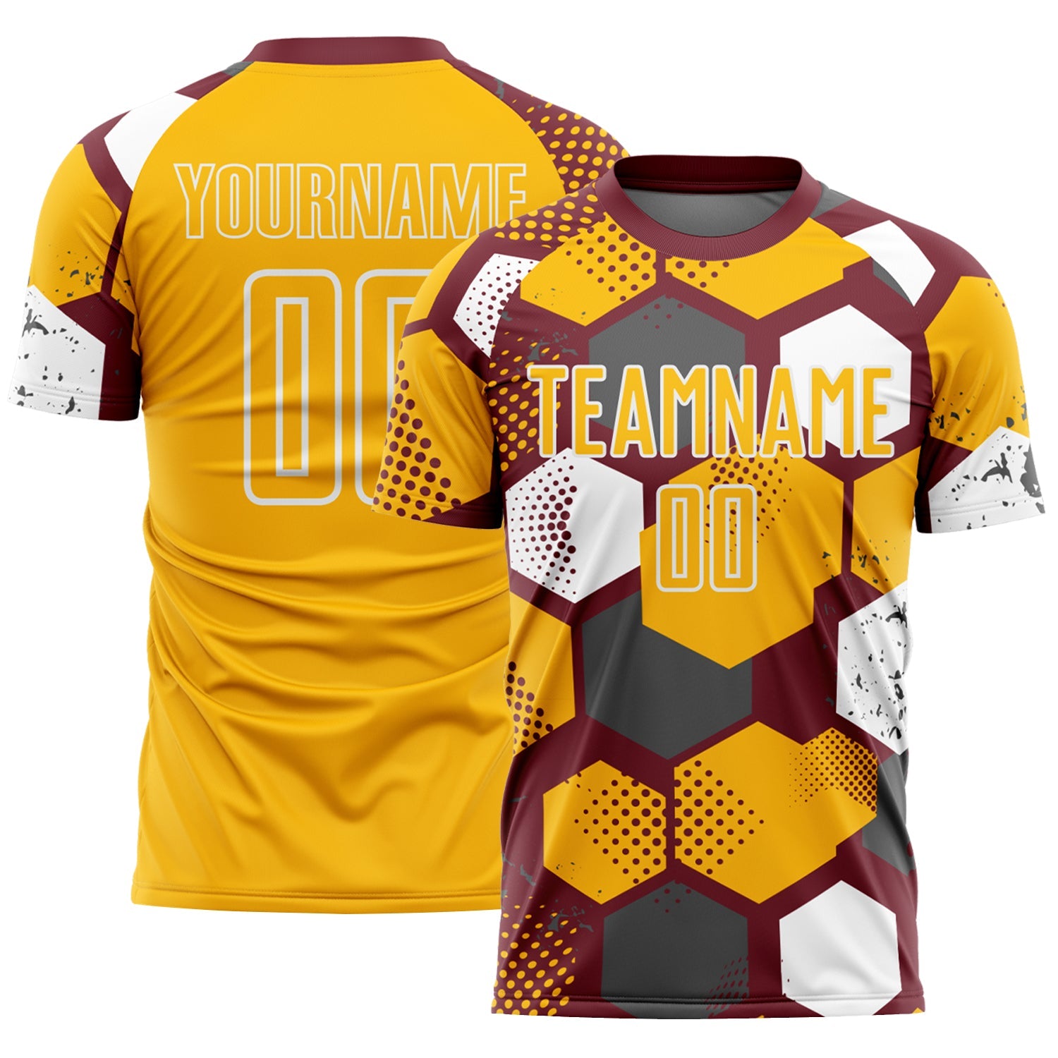 Custom Burgundy Gold-White Geometric Shape Sublimation Soccer Uniform Jersey - Main View
