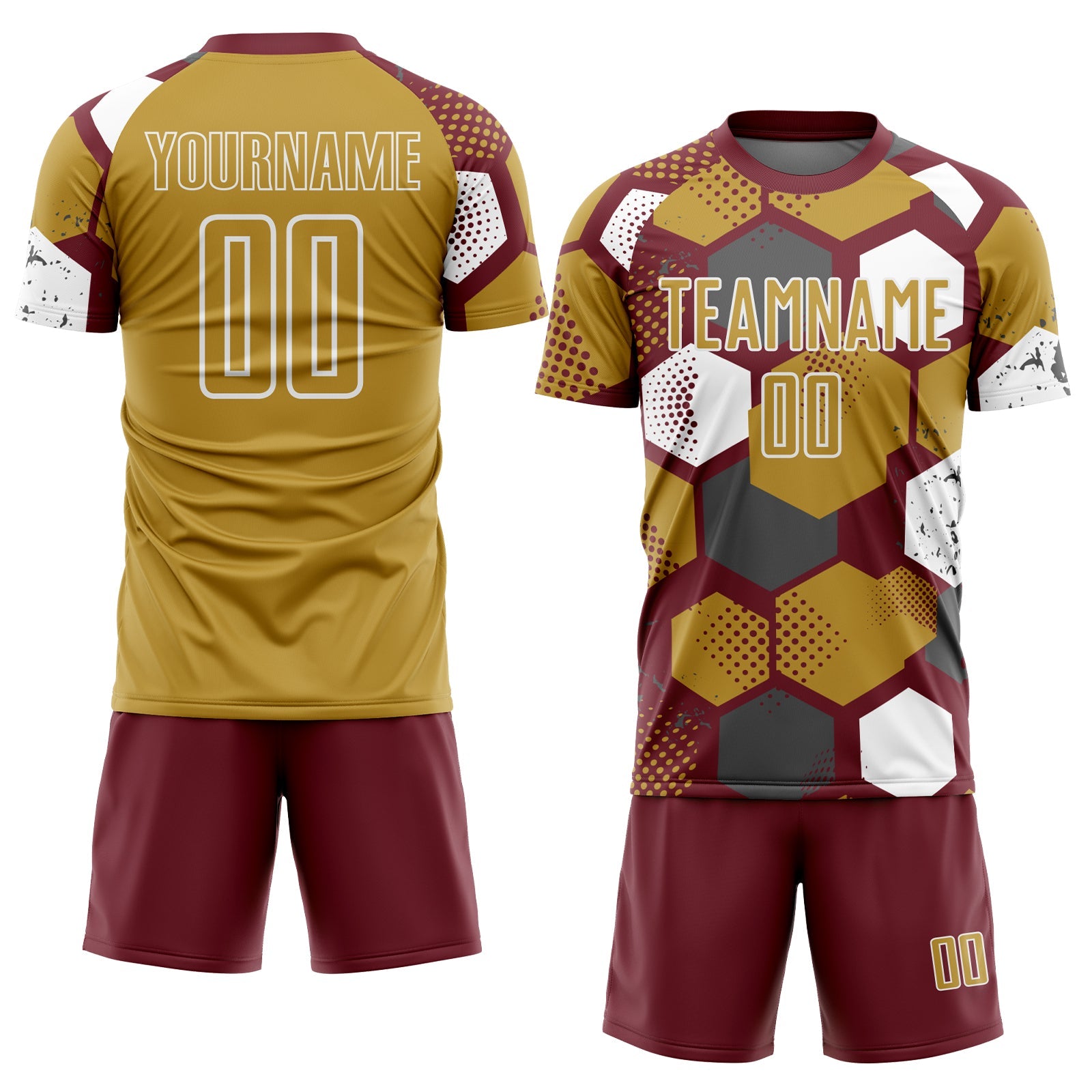 Custom Burgundy Old Gold-White Geometric Shape Sublimation Soccer Uniform Jersey view 2