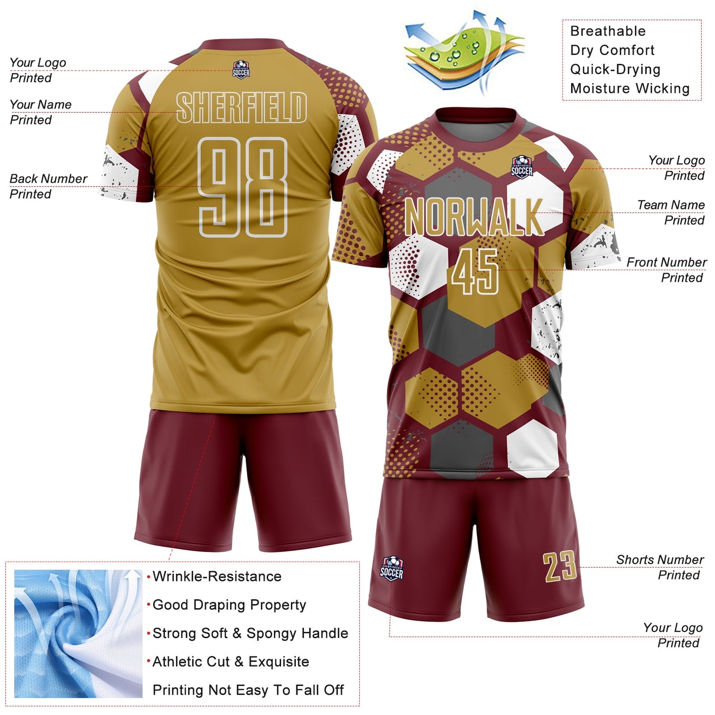 Custom Burgundy Old Gold-White Geometric Shape Sublimation Soccer Uniform Jersey view 4
