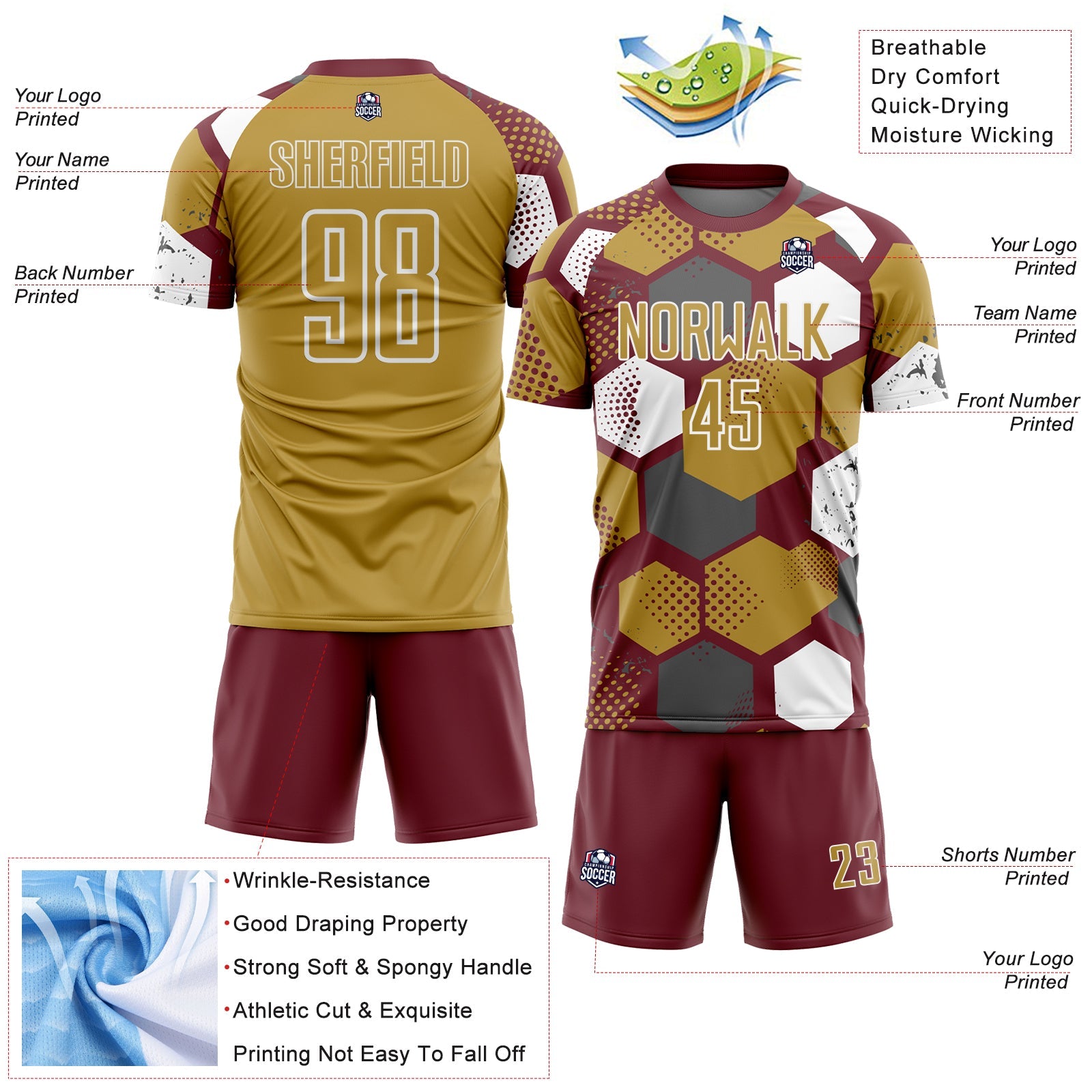 Custom Burgundy Old Gold-White Geometric Shape Sublimation Soccer Uniform Jersey view 4