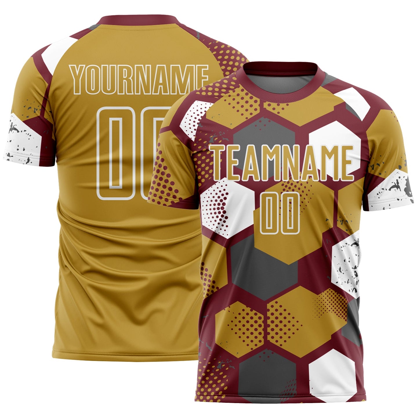 Custom Burgundy Old Gold-White Geometric Shape Sublimation Soccer Uniform Jersey - Main View