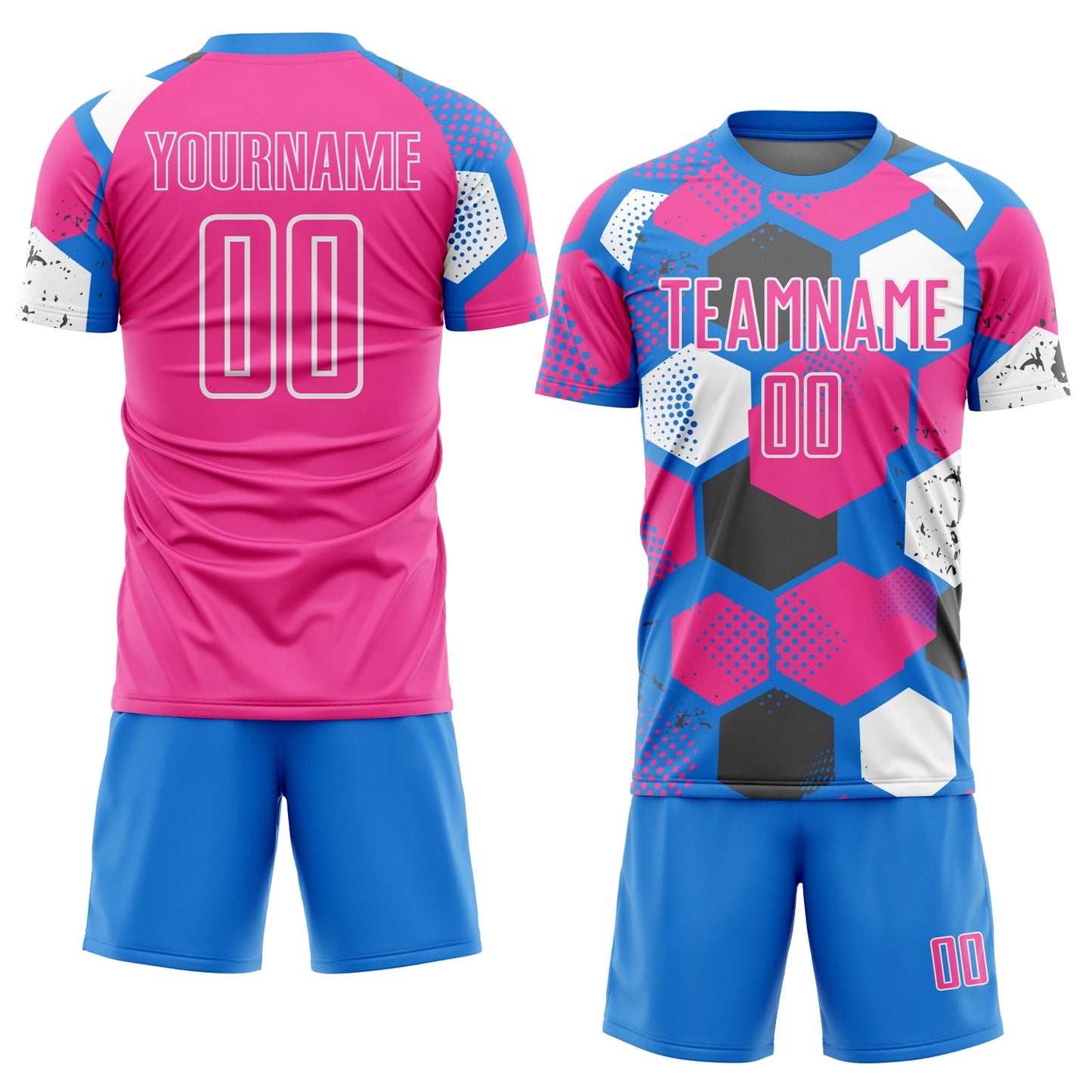 Custom Powder Blue Pink-White Geometric Shape Sublimation Soccer Uniform Jersey view 2