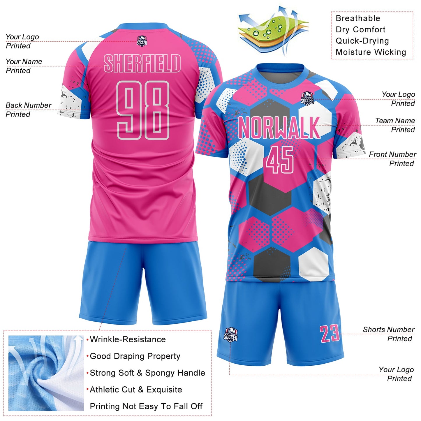 Custom Powder Blue Pink-White Geometric Shape Sublimation Soccer Uniform Jersey view 4