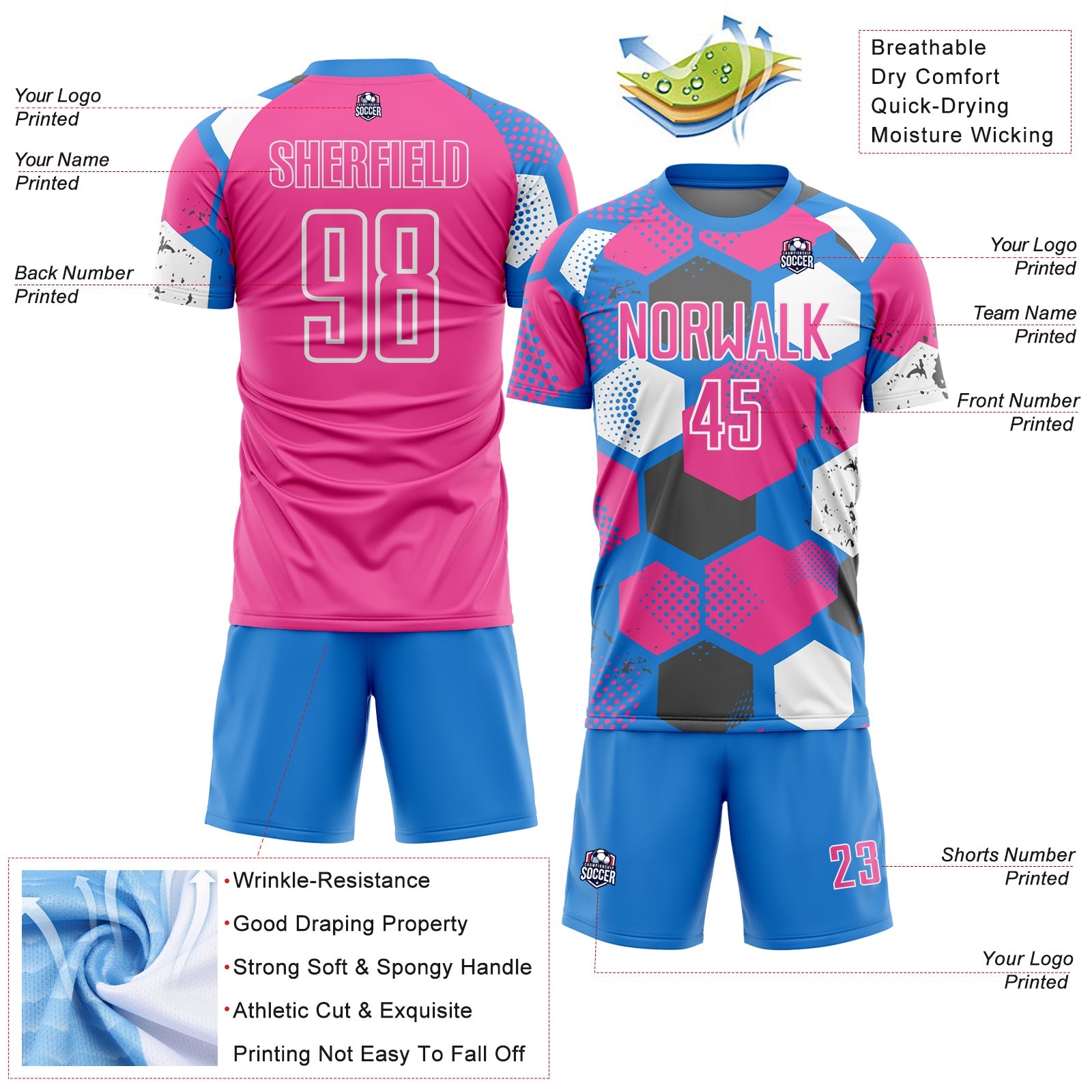 Custom Powder Blue Pink-White Geometric Shape Sublimation Soccer Uniform Jersey view 4