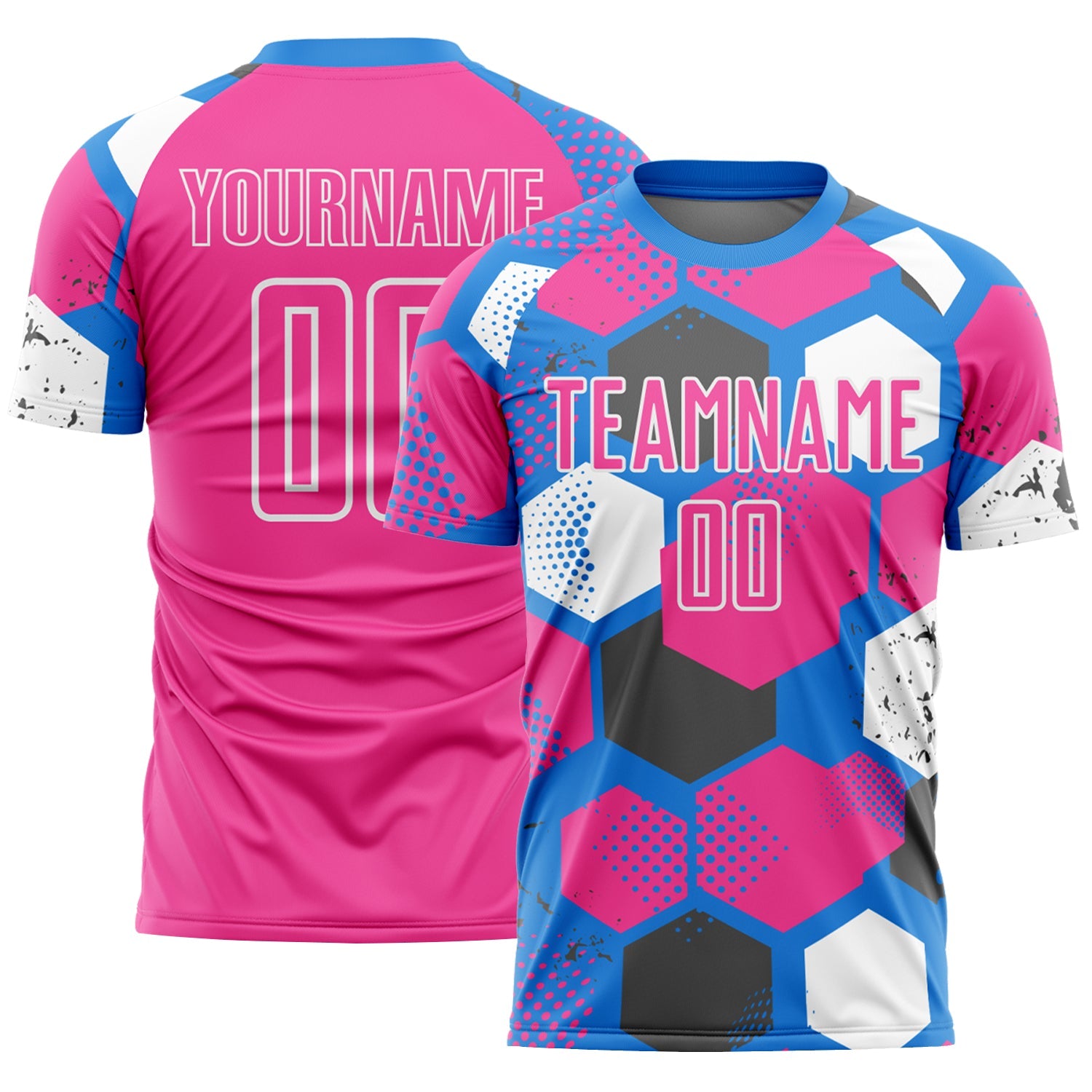 Custom Powder Blue Pink-White Geometric Shape Sublimation Soccer Uniform Jersey - Main View