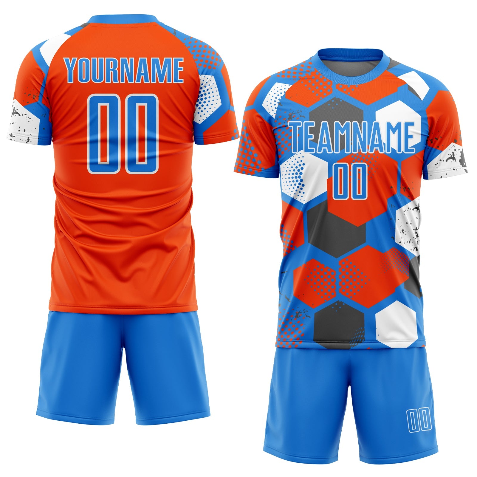 Custom Powder Blue Orange-White Geometric Shape Sublimation Soccer Uniform Jersey view 2