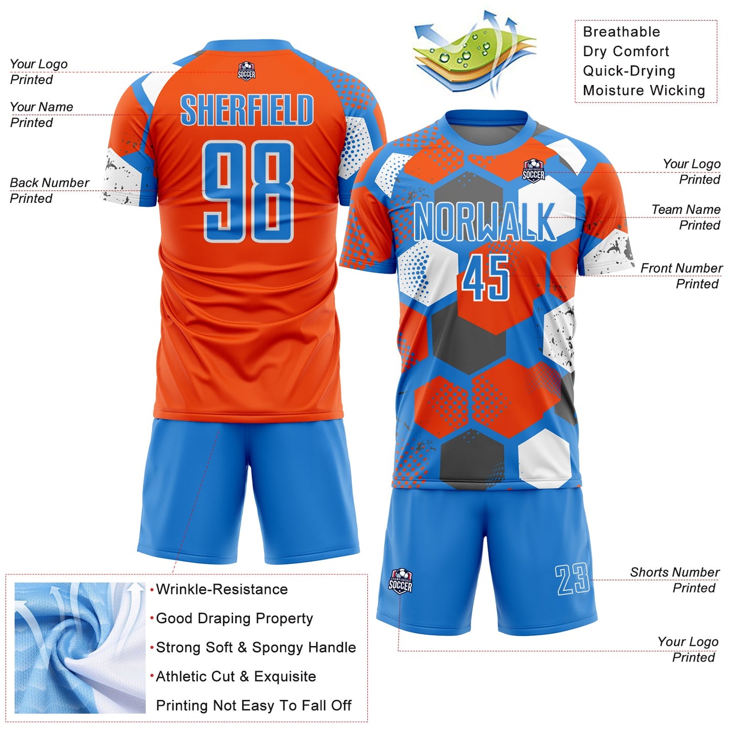 Custom Powder Blue Orange-White Geometric Shape Sublimation Soccer Uniform Jersey view 4