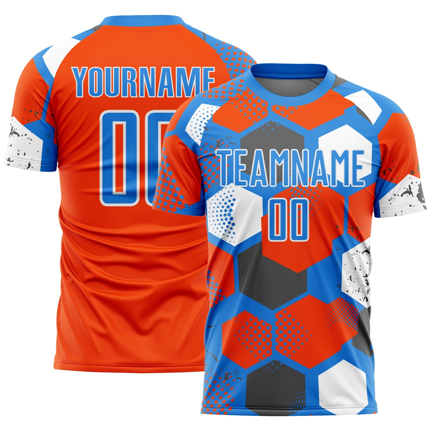 Custom Powder Blue Orange-White Geometric Shape Sublimation Soccer Uniform Jersey - Main View