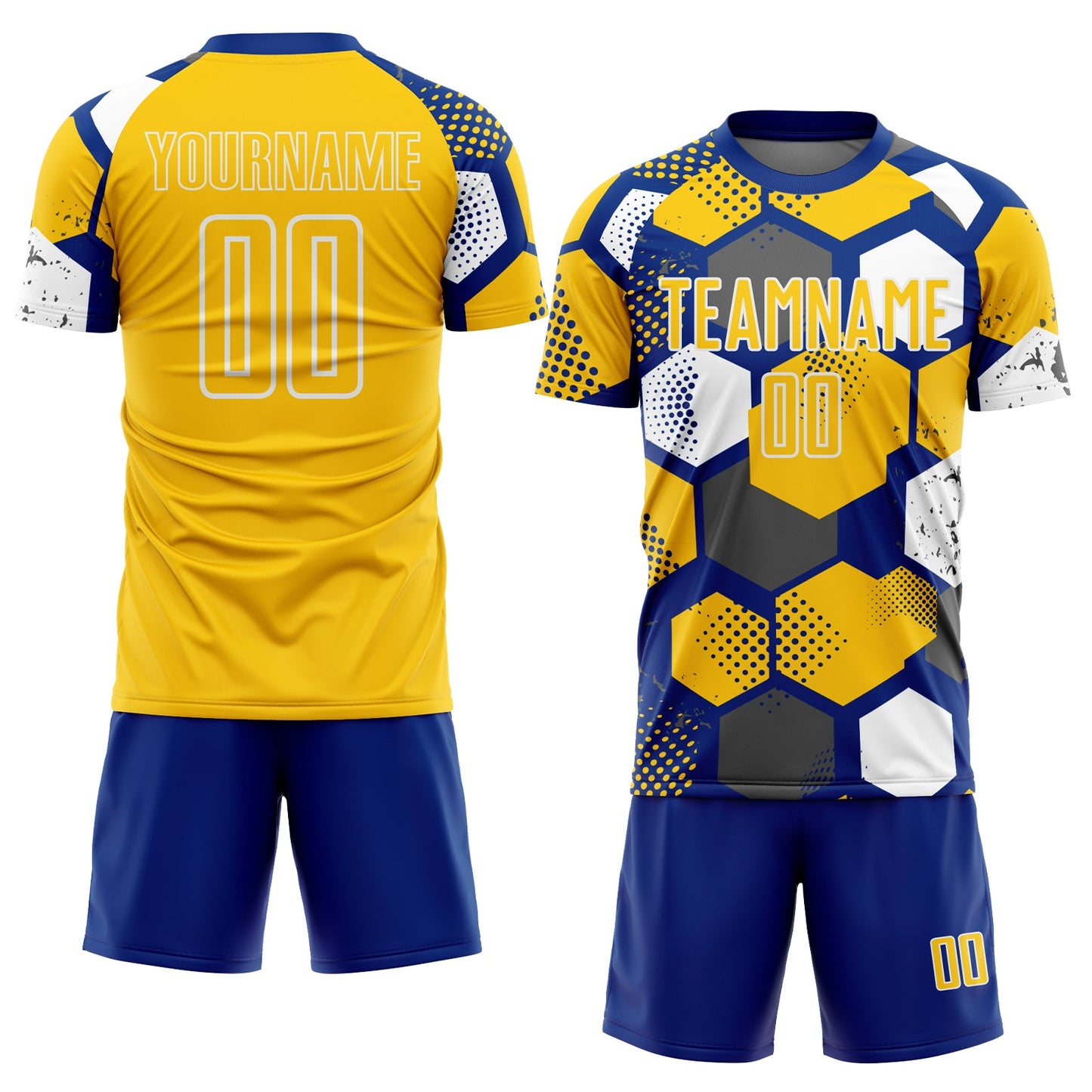 Custom Royal Yellow-White Geometric Shape Sublimation Soccer Uniform Jersey view 2