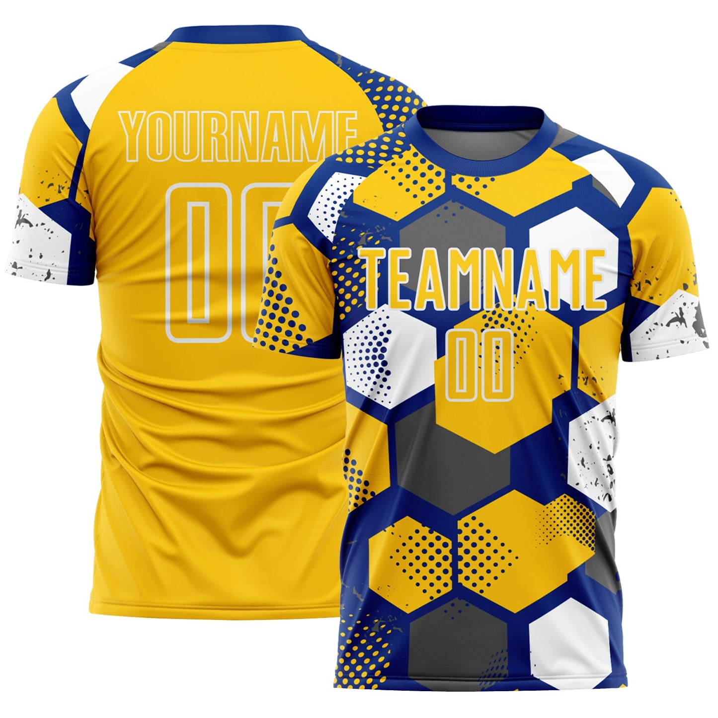 Custom Royal Yellow-White Geometric Shape Sublimation Soccer Uniform Jersey - Main View