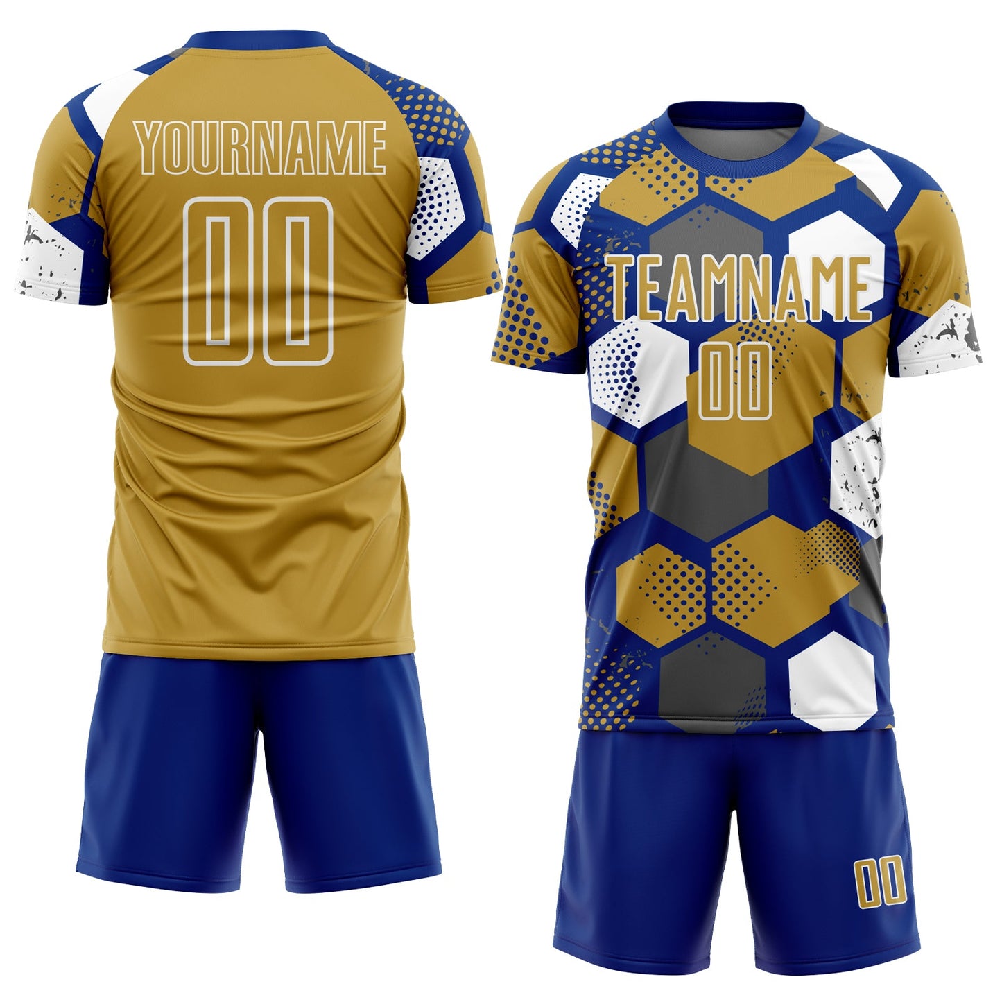 Custom Royal Old Gold-White Geometric Shape Sublimation Soccer Uniform Jersey view 2