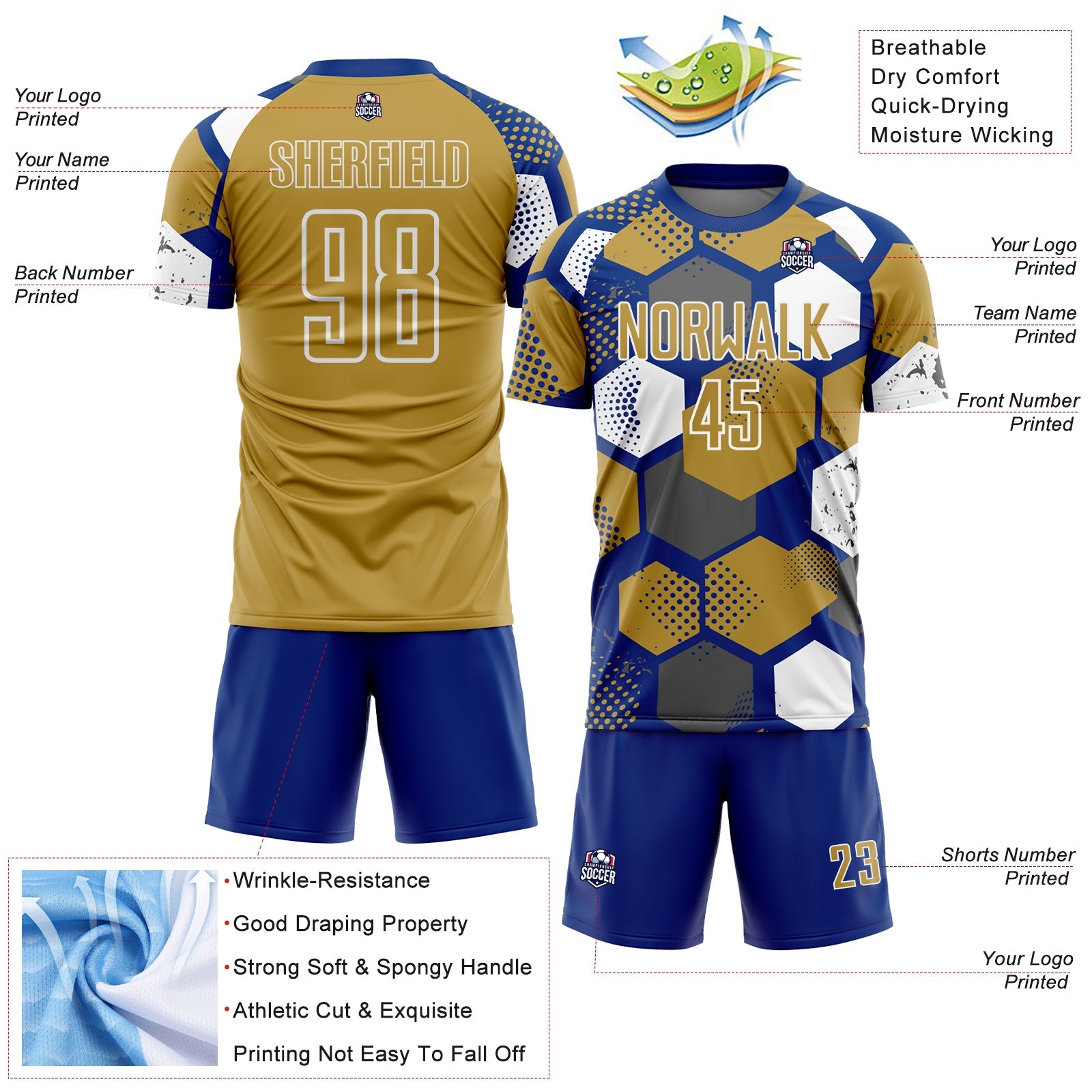 Custom Royal Old Gold-White Geometric Shape Sublimation Soccer Uniform Jersey view 4