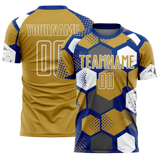 Custom Royal Old Gold-White Geometric Shape Sublimation Soccer Uniform Jersey - Main View