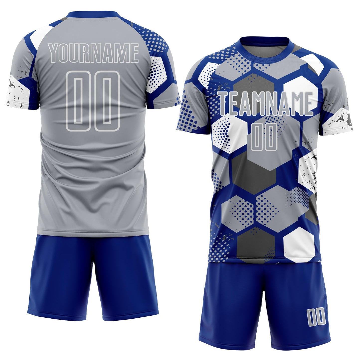 Custom Royal Gray-White Geometric Shape Sublimation Soccer Uniform Jersey view 2