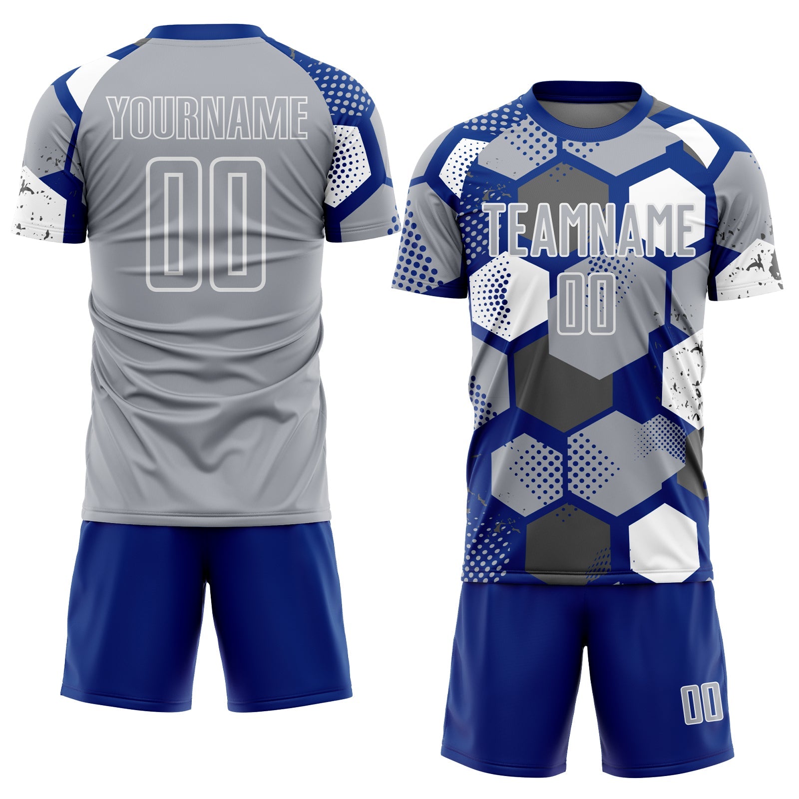 Custom Royal Gray-White Geometric Shape Sublimation Soccer Uniform Jersey view 2